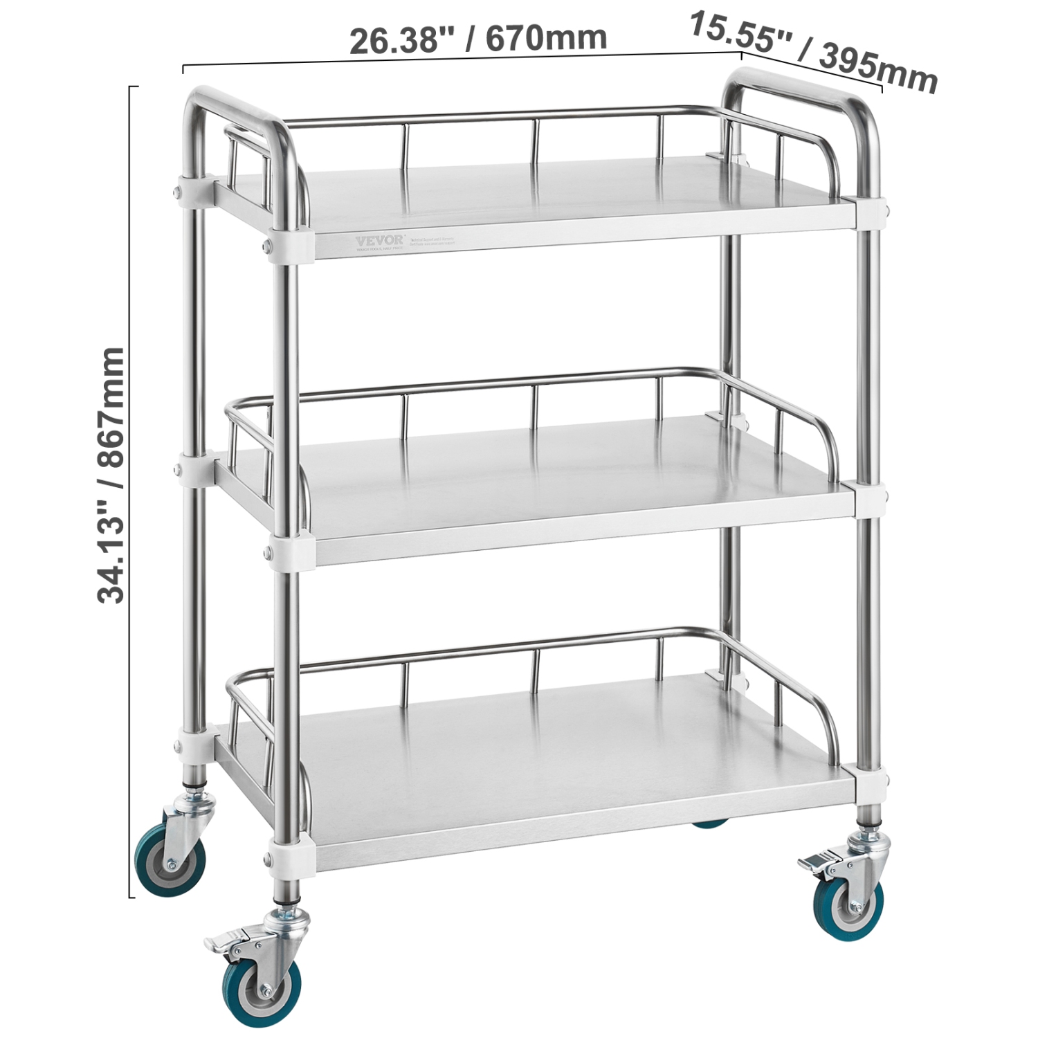 VEVOR 3-Shelf Lab Rolling Cart, Stainless Steel Rolling Cart, Lab Serving Cart with Swivel Casters, Dental Utility Cart for Clinic, Lab, Hospital,