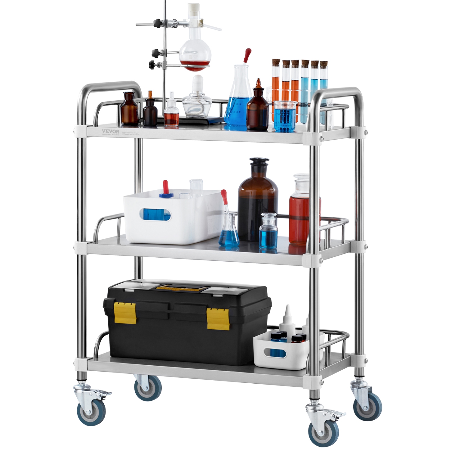 VEVOR 3-Shelf Lab Rolling Cart, Stainless Steel Rolling Cart, Lab Serving Cart with Swivel Casters, Dental Utility Cart for Clinic, Lab, Hospital,