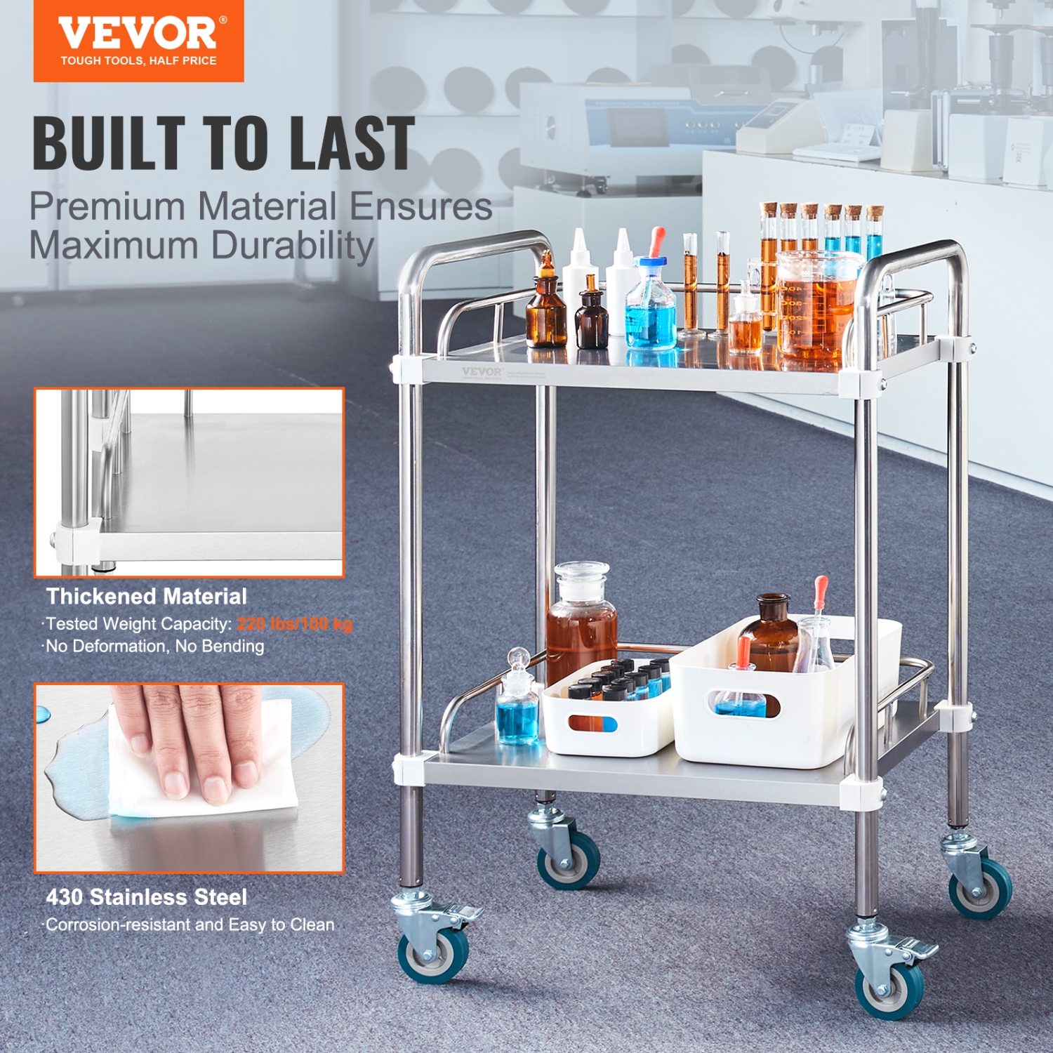 VEVOR 2-Shelf Lab Rolling Cart, Stainless Steel Rolling Cart, Lab Serving Cart with Swivel Casters, Dental Utility Cart for Clinic, Lab, Hospital,