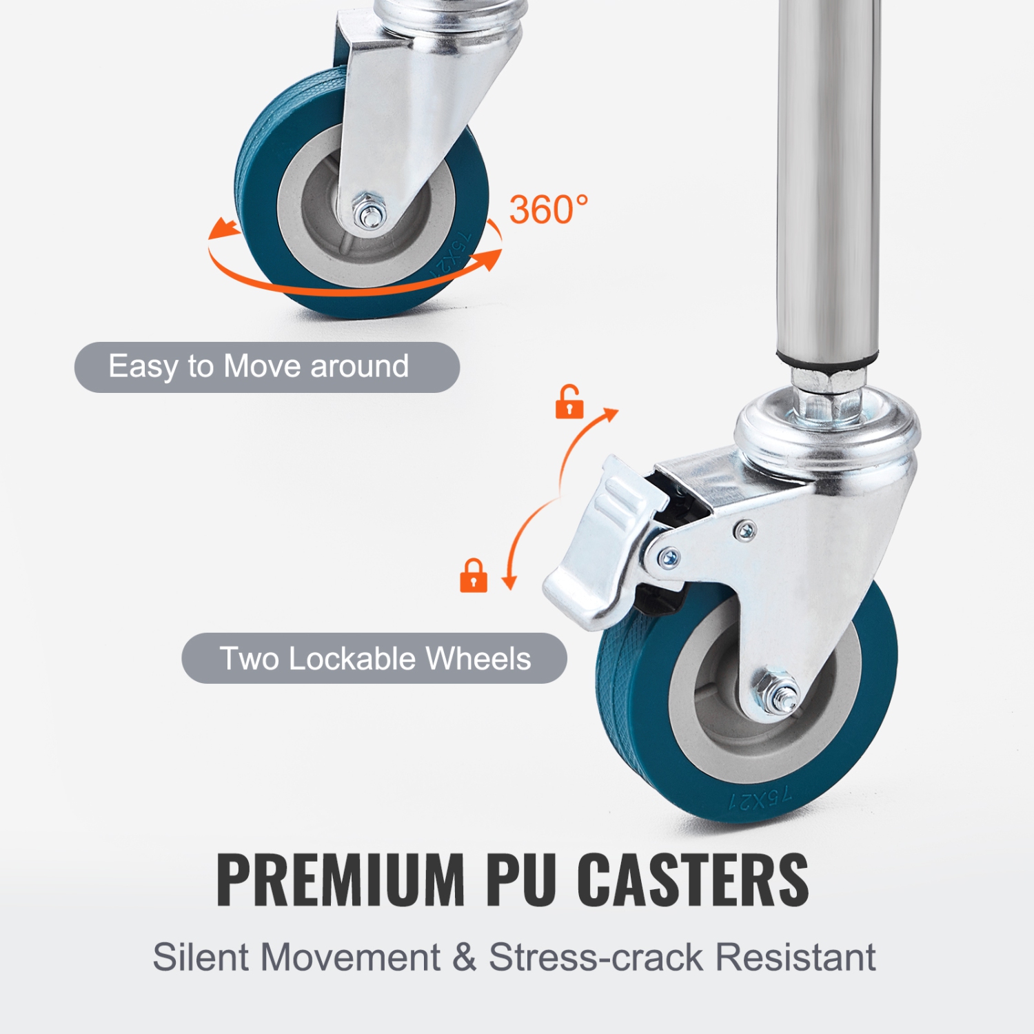 VEVOR 2-Shelf Lab Rolling Cart, Stainless Steel Rolling Cart, Lab Serving Cart with Swivel Casters, Dental Utility Cart for Clinic, Lab, Hospital,