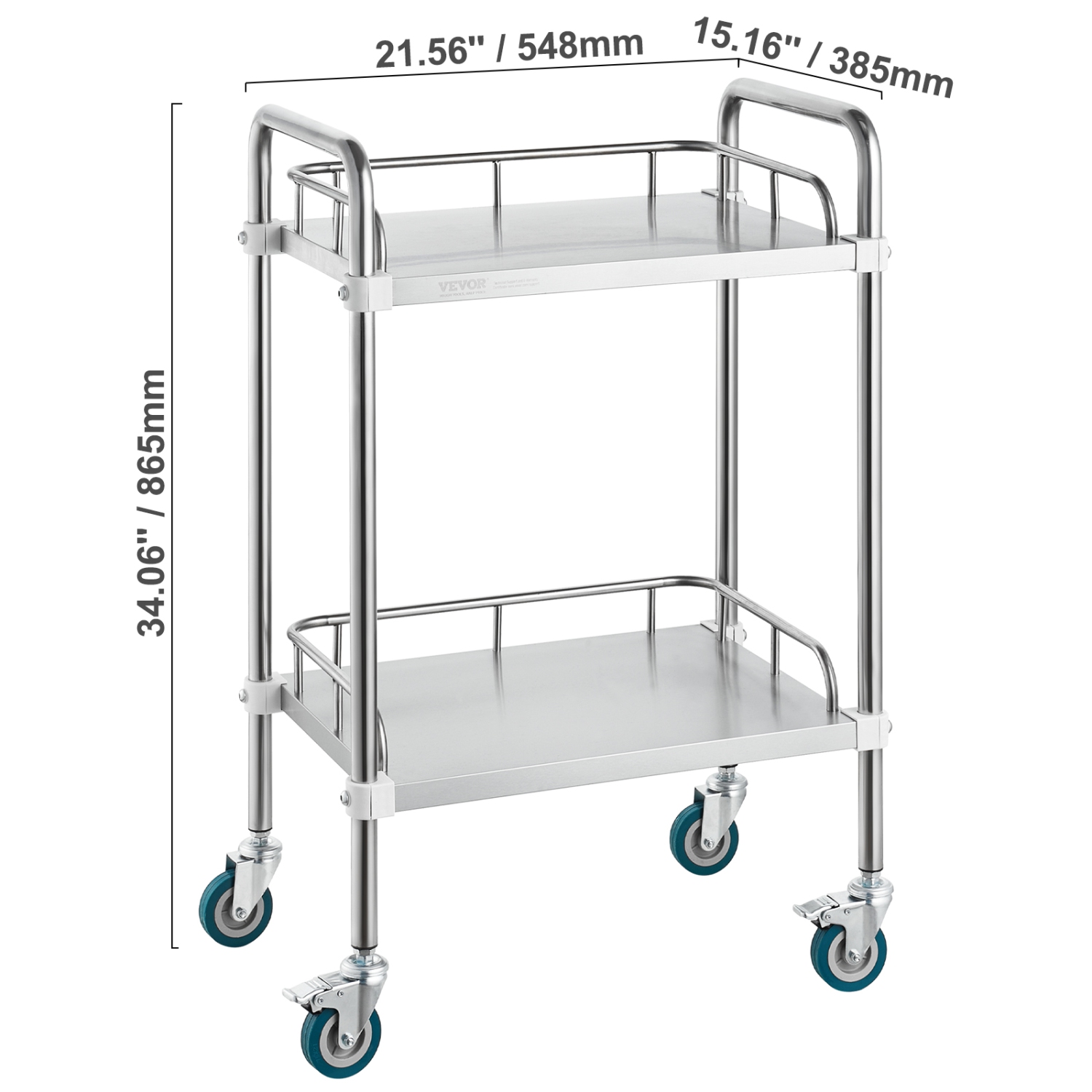 VEVOR 2-Shelf Lab Rolling Cart, Stainless Steel Rolling Cart, Lab Serving Cart with Swivel Casters, Dental Utility Cart for Clinic, Lab, Hospital,