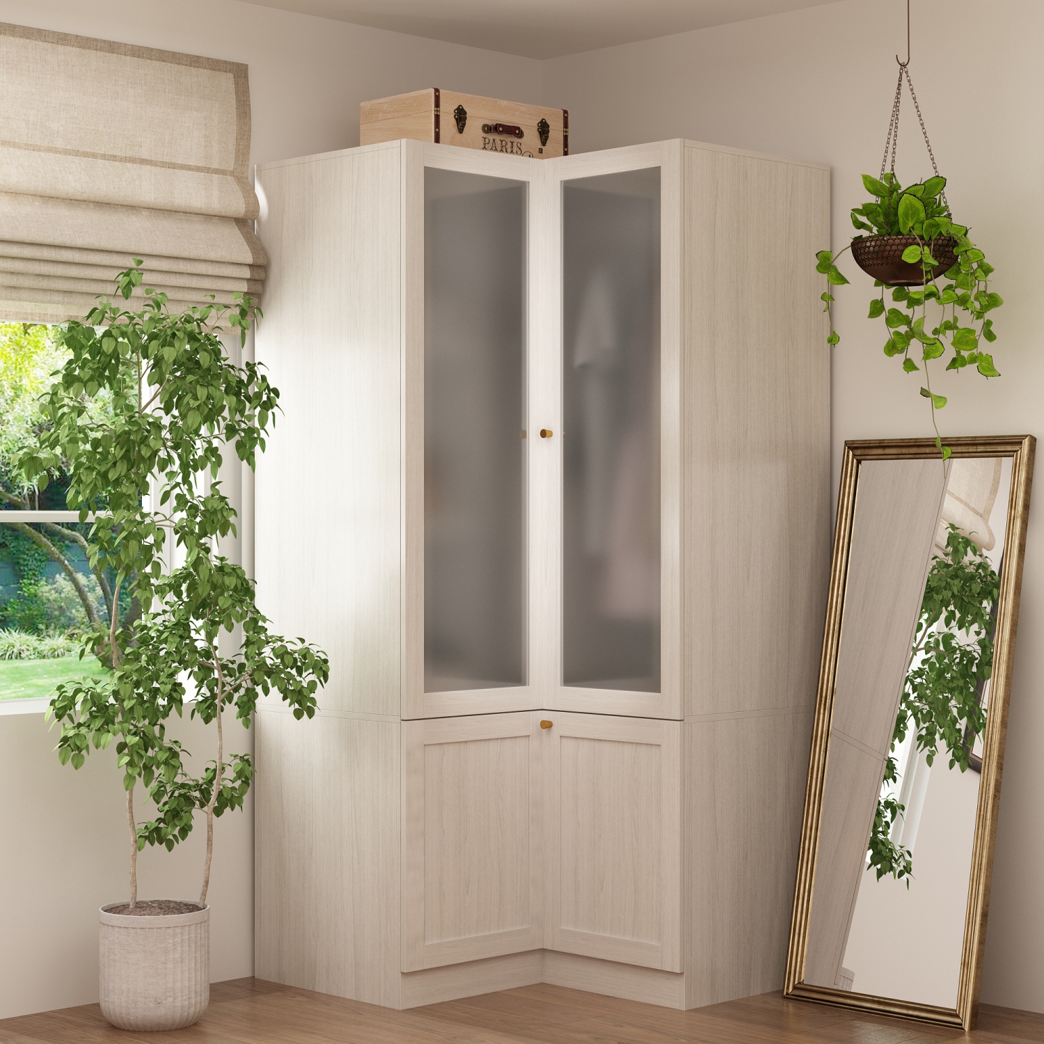 Armoire en coin à 4 portes et verre givré Famapy – Armoire de rangement moderne en L pour garde-robe, fini Shuiyue Songfeng