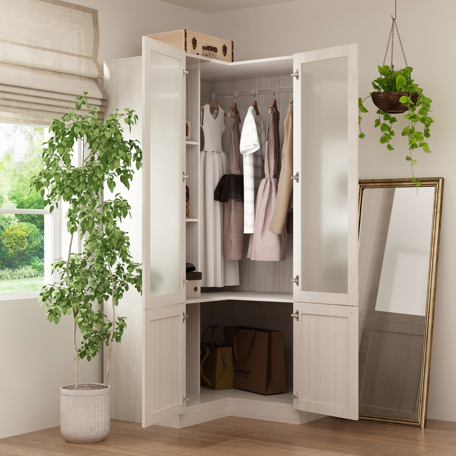 Armoire en coin à 4 portes et verre givré Famapy – Armoire de rangement moderne en L pour garde-robe, fini Shuiyue Songfeng