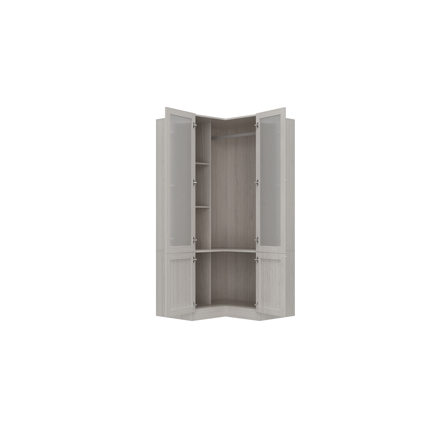 Armoire en coin à 4 portes et verre givré Famapy – Armoire de rangement moderne en L pour garde-robe, fini Shuiyue Songfeng