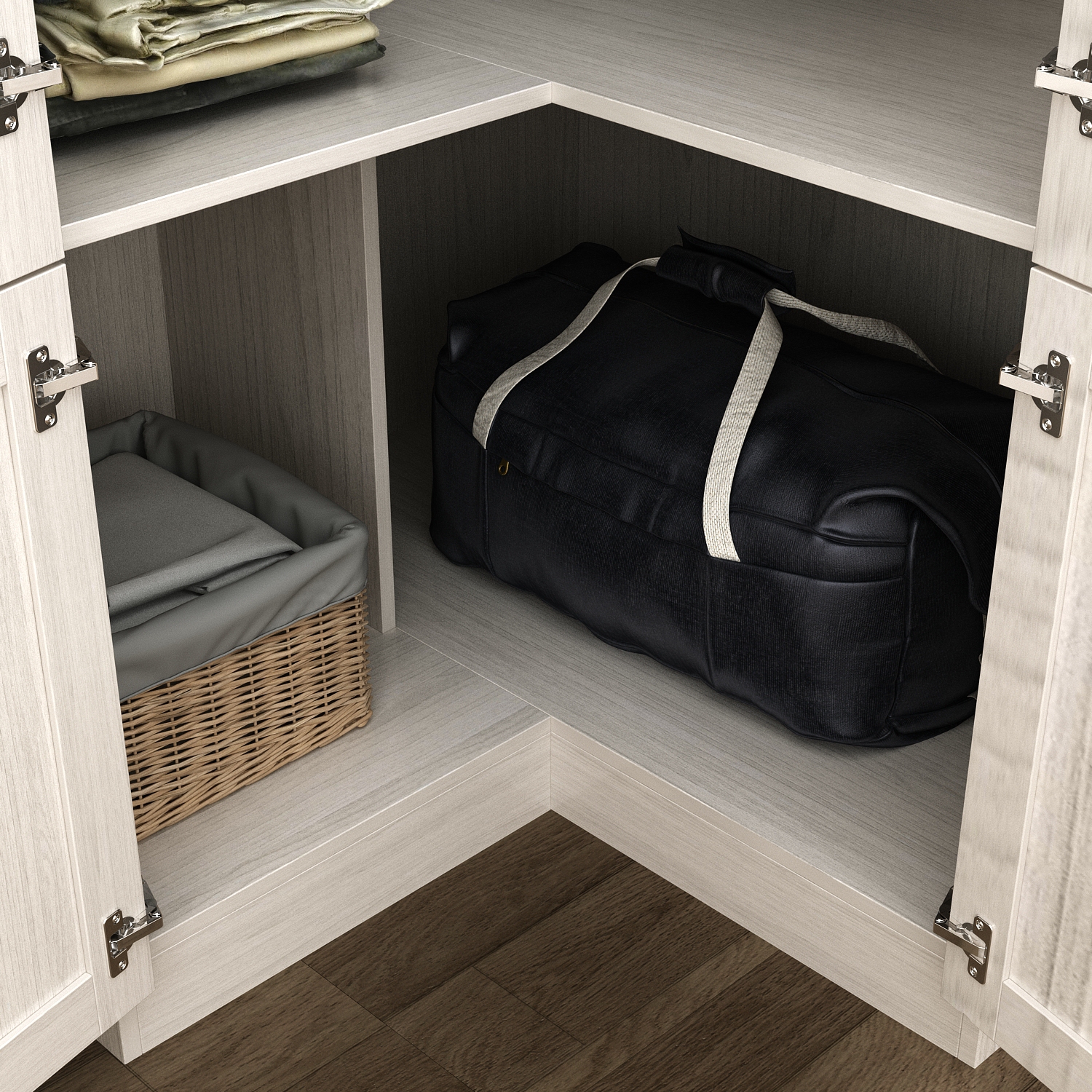 Armoire en coin à 4 portes et verre givré Famapy – Armoire de rangement moderne en L pour garde-robe, fini Shuiyue Songfeng