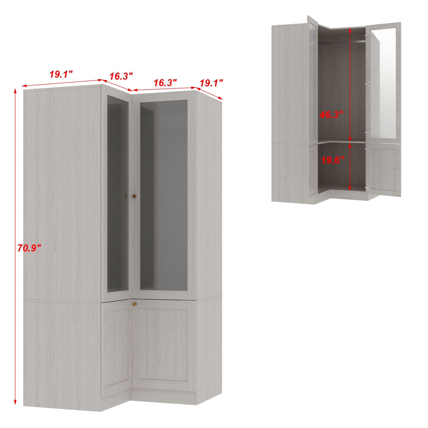 Armoire en coin à 4 portes et verre givré Famapy – Armoire de rangement moderne en L pour garde-robe, fini Shuiyue Songfeng
