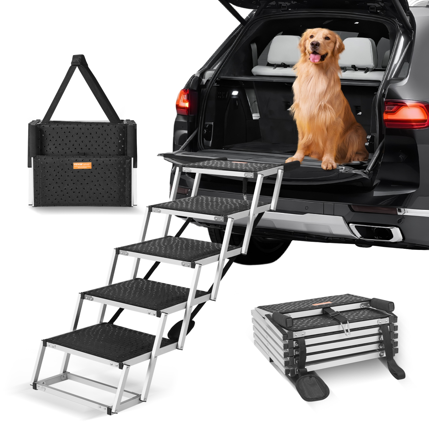 VEVOR 5-step Wide Dog Stair for Cars,Dog Car Steps,Folding Dog Car Ramp with Nonslip Surface,Portable Pet Steps Lightweight Aluminum for Car, SUV and
