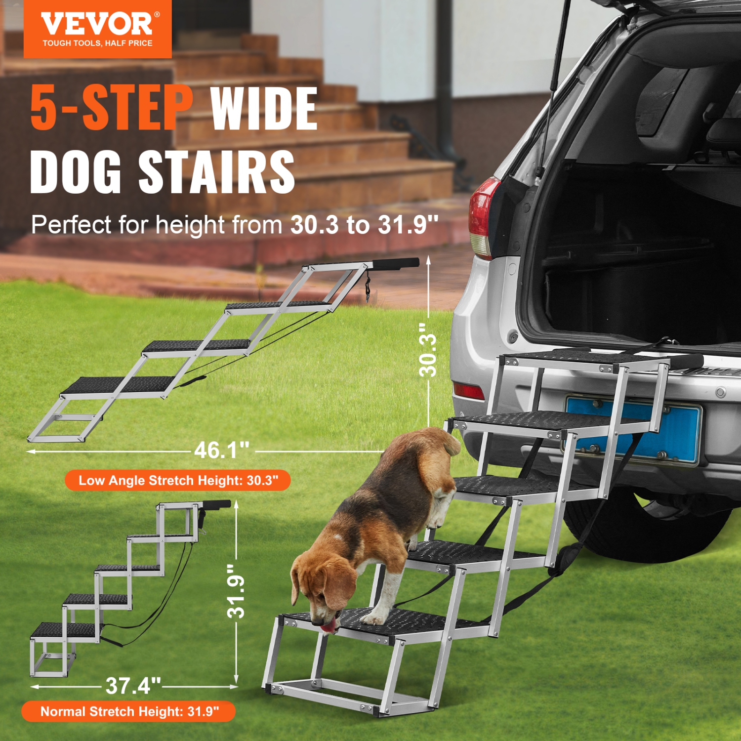 VEVOR 5-step Wide Dog Stair for Cars,Dog Car Steps,Folding Dog Car Ramp with Nonslip Surface,Portable Pet Steps Lightweight Aluminum for Car, SUV and