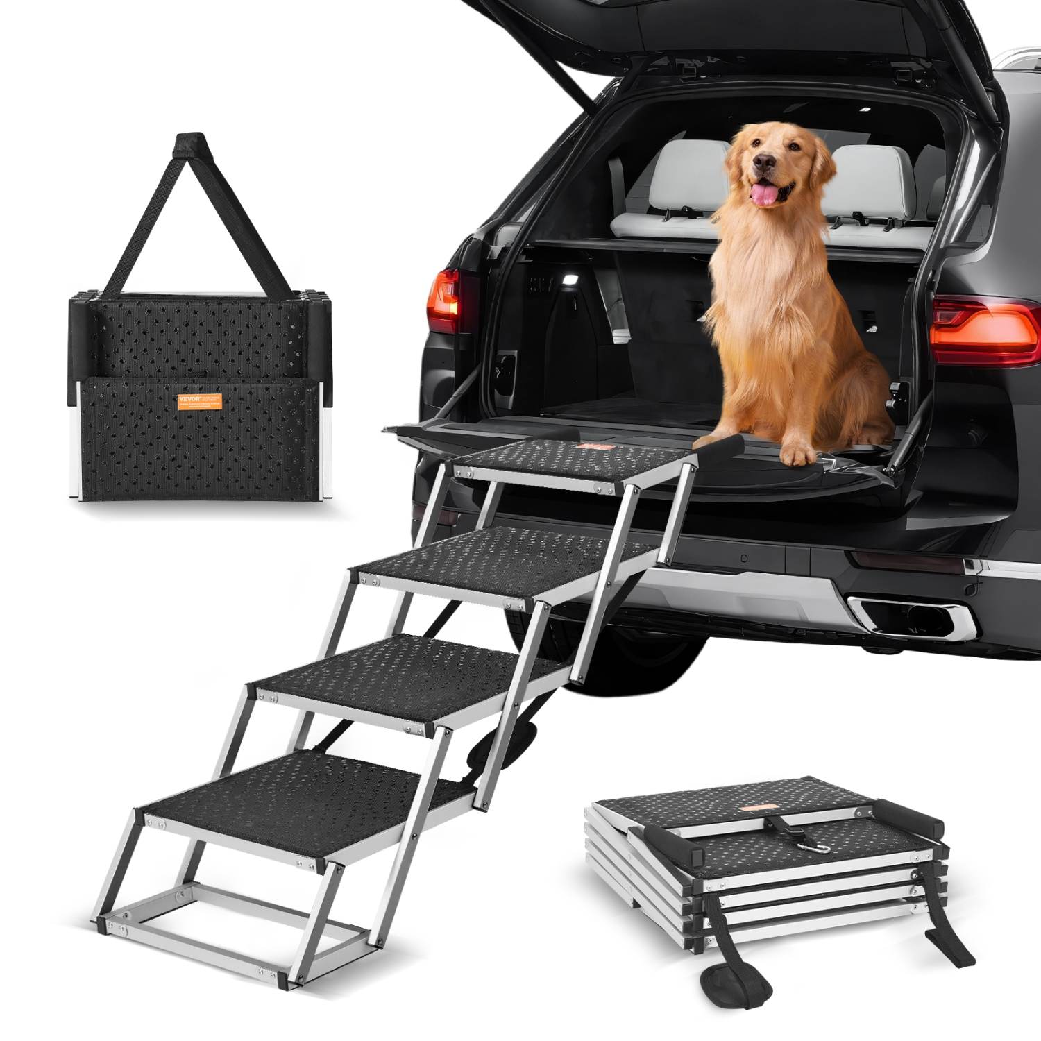 VEVOR 4-step Wide Dog Stair for Cars,Dog Car Steps,Folding Dog Car Ramp with Nonslip Surface,Portable Pet Steps Lightweight Aluminum for Car, SUV and