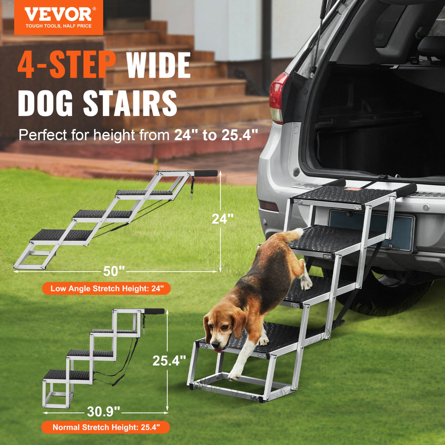 VEVOR 4-step Wide Dog Stair for Cars,Dog Car Steps,Folding Dog Car Ramp with Nonslip Surface,Portable Pet Steps Lightweight Aluminum for Car, SUV and