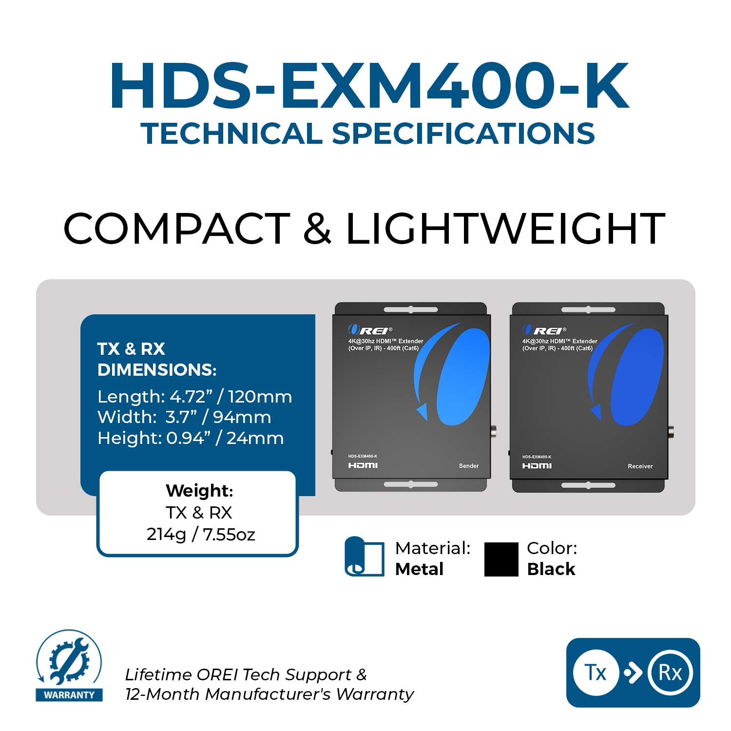 OREI – Prolongateur HDMI™ 4K@30 Hz - 400&nbsp;pi (Cat6) (HDS-EXM400-K)