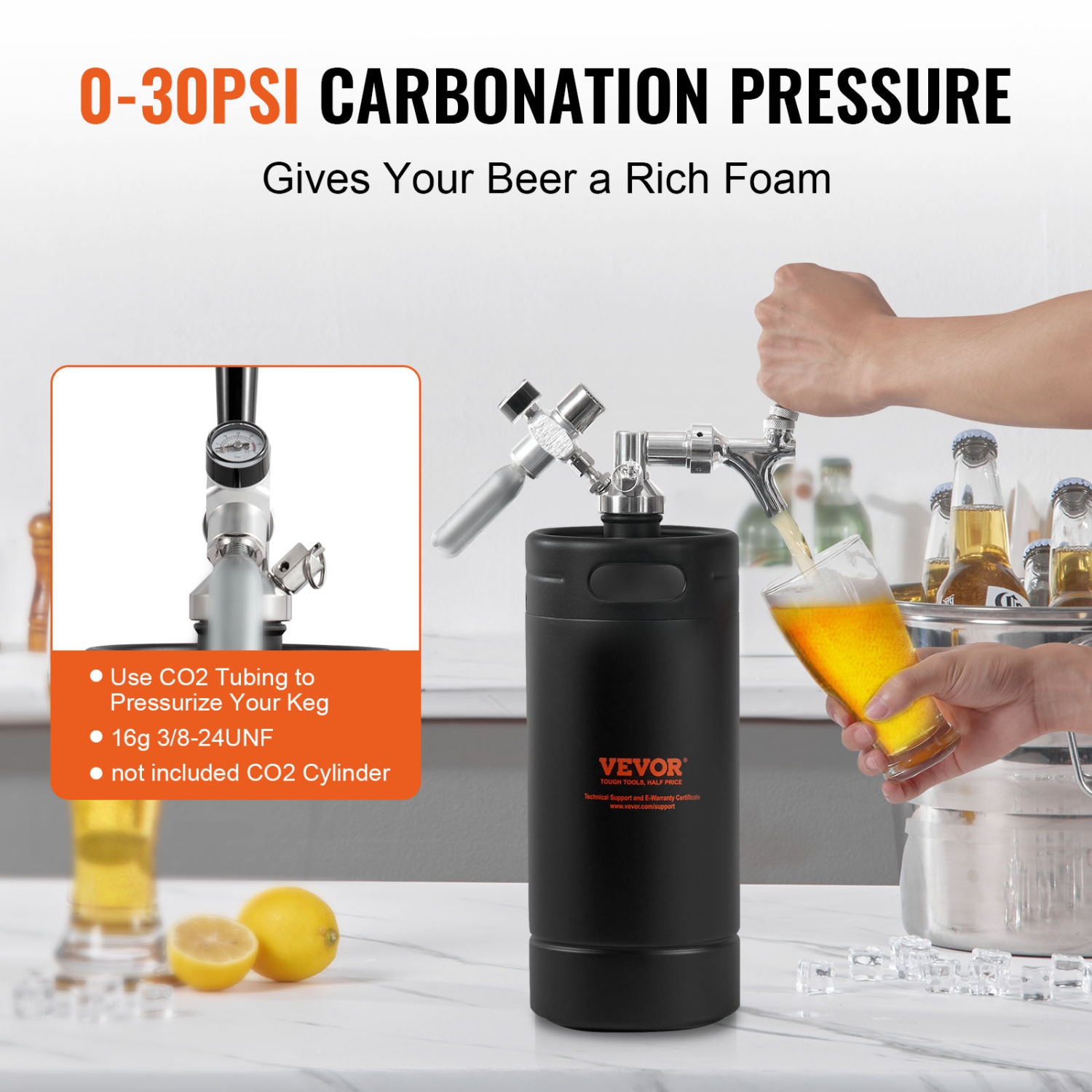 VEVOR 128Oz 4L Beer Growler Tap System, Mini Keg, 304 Stainless Steel Pressurized Beer Growler, Keg Growler with Pressure Display, CO2 Regulator