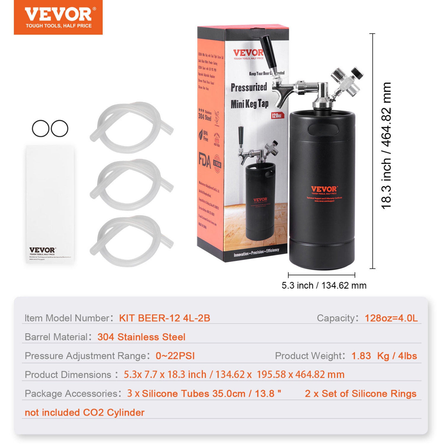 VEVOR 128Oz 4L Beer Growler Tap System, Mini Keg, 304 Stainless Steel Pressurized Beer Growler, Keg Growler with Pressure Display, CO2 Regulator