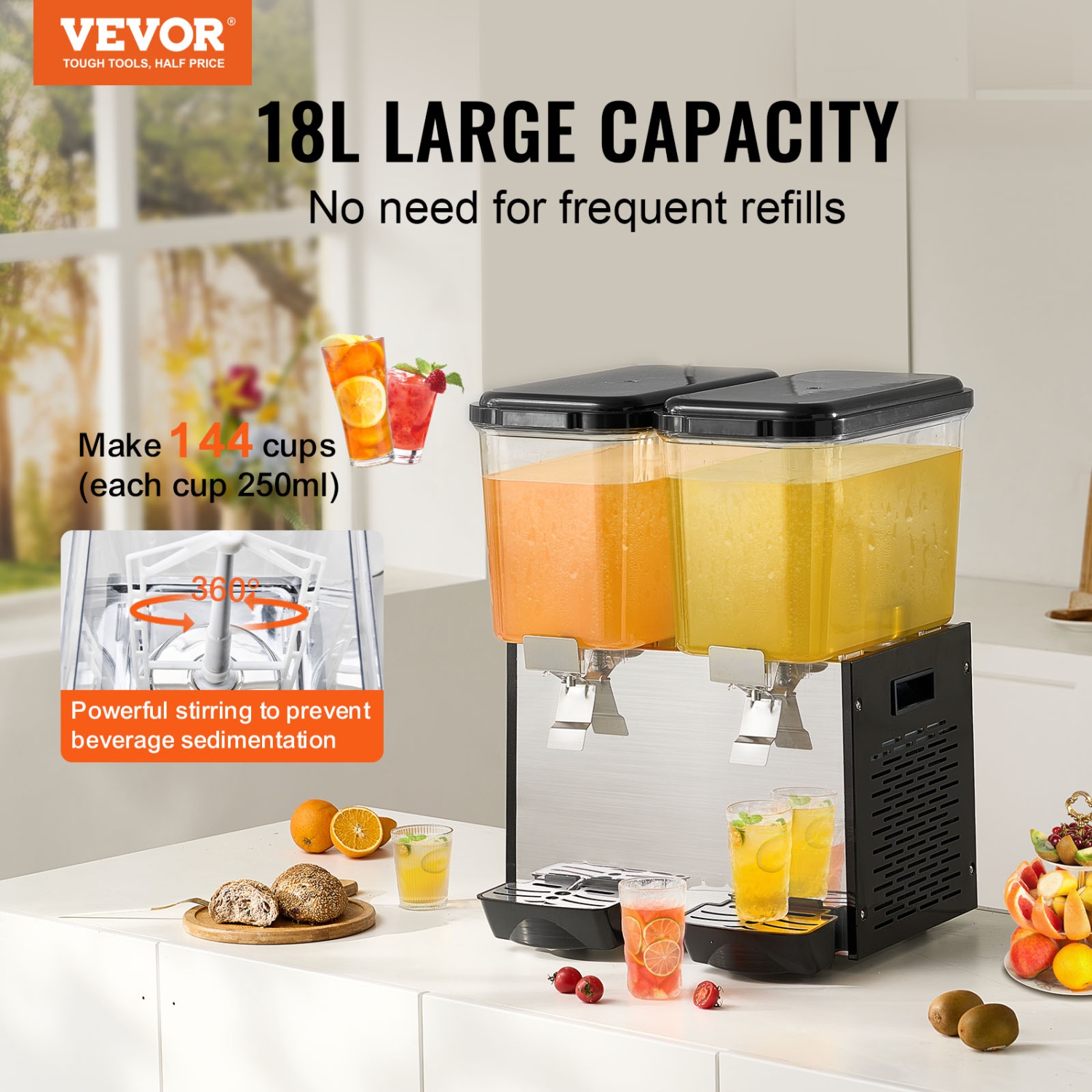 VEVOR 2 Tanks Commercial Beverage Dispenser, 18 L / 19 QT Per Tank Juice Dispenser, 370W Stainless Steel Ice Tea Drink Machine with 45°F-54°F Cooling