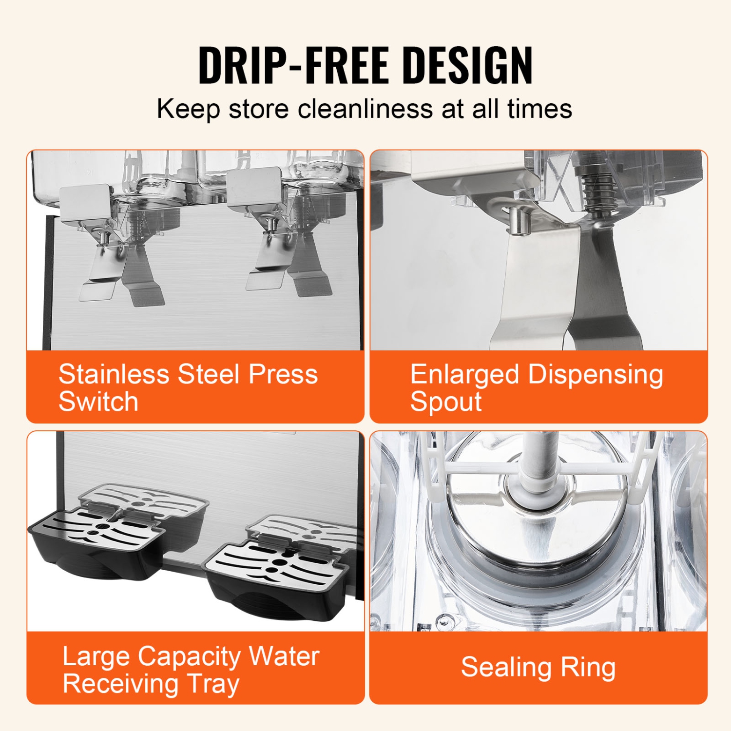 VEVOR 2 Tanks Commercial Beverage Dispenser, 18 L / 19 QT Per Tank Juice Dispenser, 370W Stainless Steel Ice Tea Drink Machine with 45°F-54°F Cooling