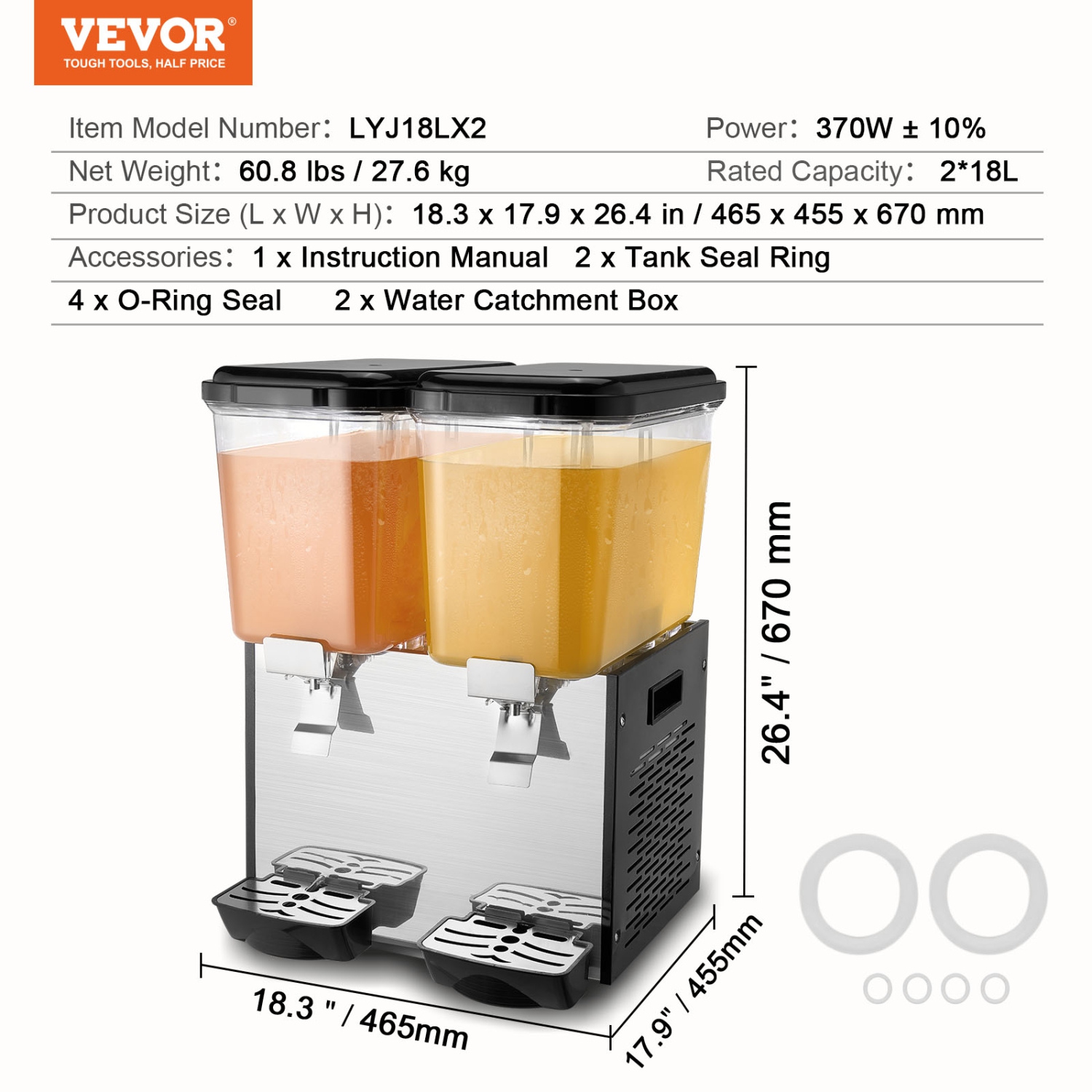 VEVOR 2 Tanks Commercial Beverage Dispenser, 18 L / 19 QT Per Tank Juice Dispenser, 370W Stainless Steel Ice Tea Drink Machine with 45°F-54°F Cooling
