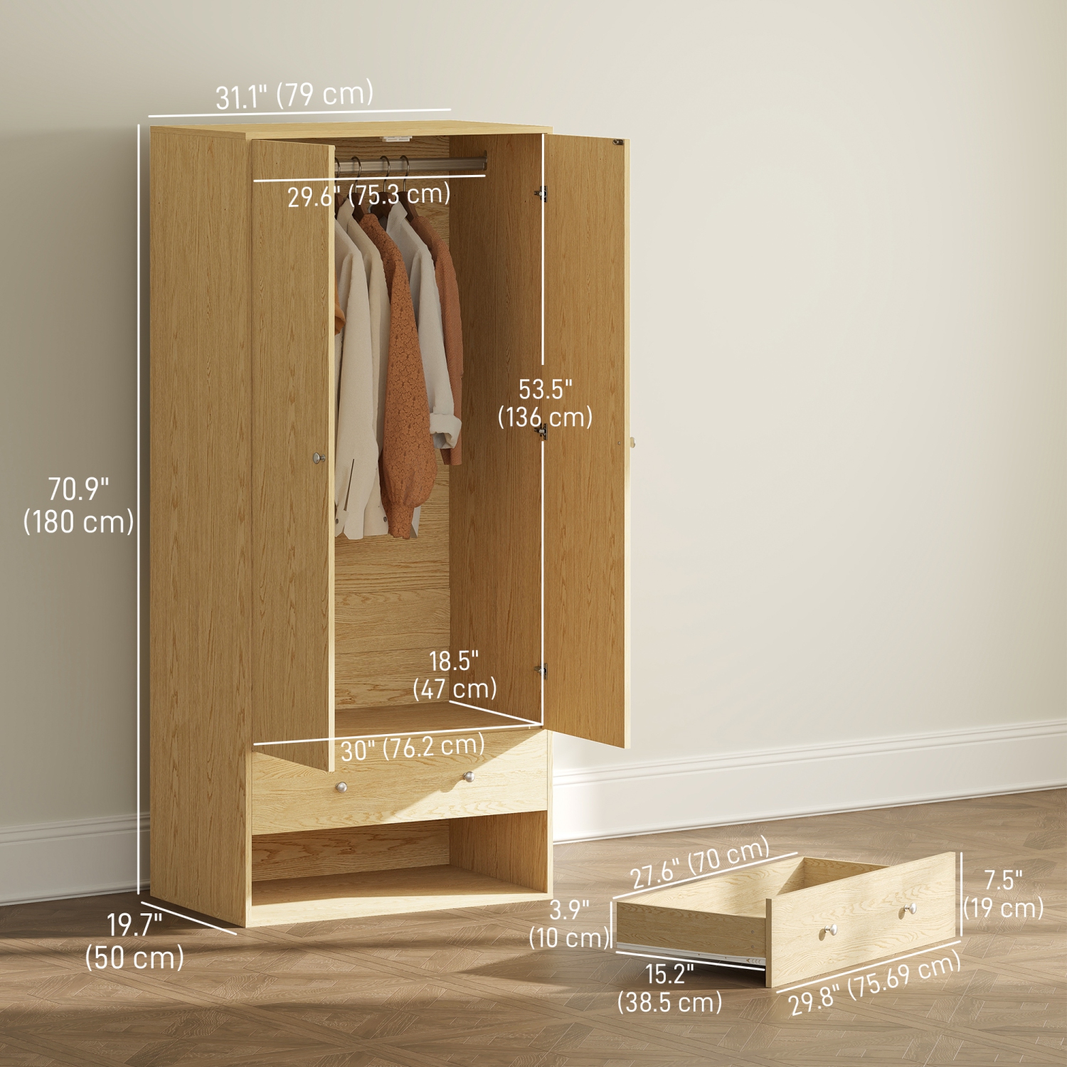 HOMCOM – Armoire garde-robe moderne à 2 tiroirs et tringle à suspendre, range-tout de rangement pour vêtements avec conception anti-basculement pour