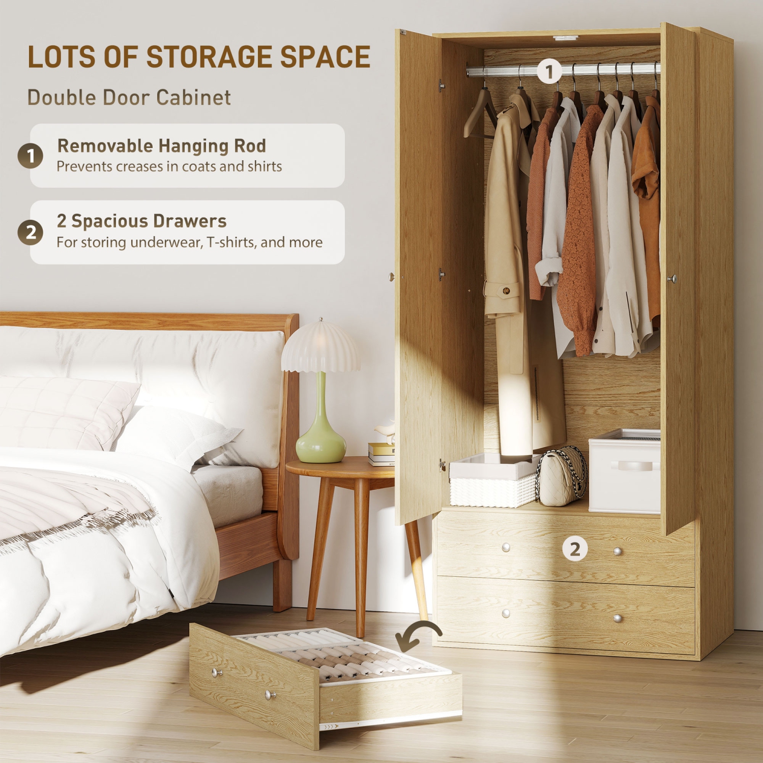 HOMCOM – Armoire garde-robe moderne à 2 tiroirs et tringle à suspendre, range-tout de rangement pour vêtements avec conception anti-basculement pour