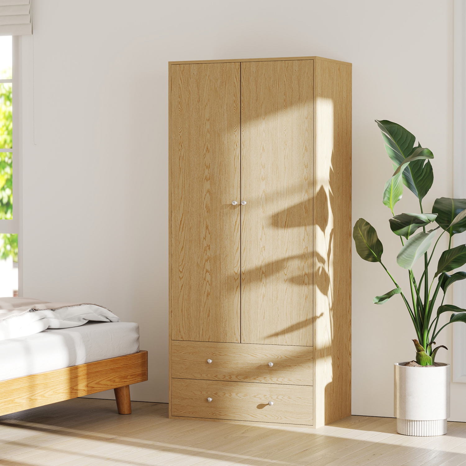 HOMCOM – Armoire garde-robe moderne à 2 tiroirs et tringle à suspendre, range-tout de rangement pour vêtements avec conception anti-basculement pour