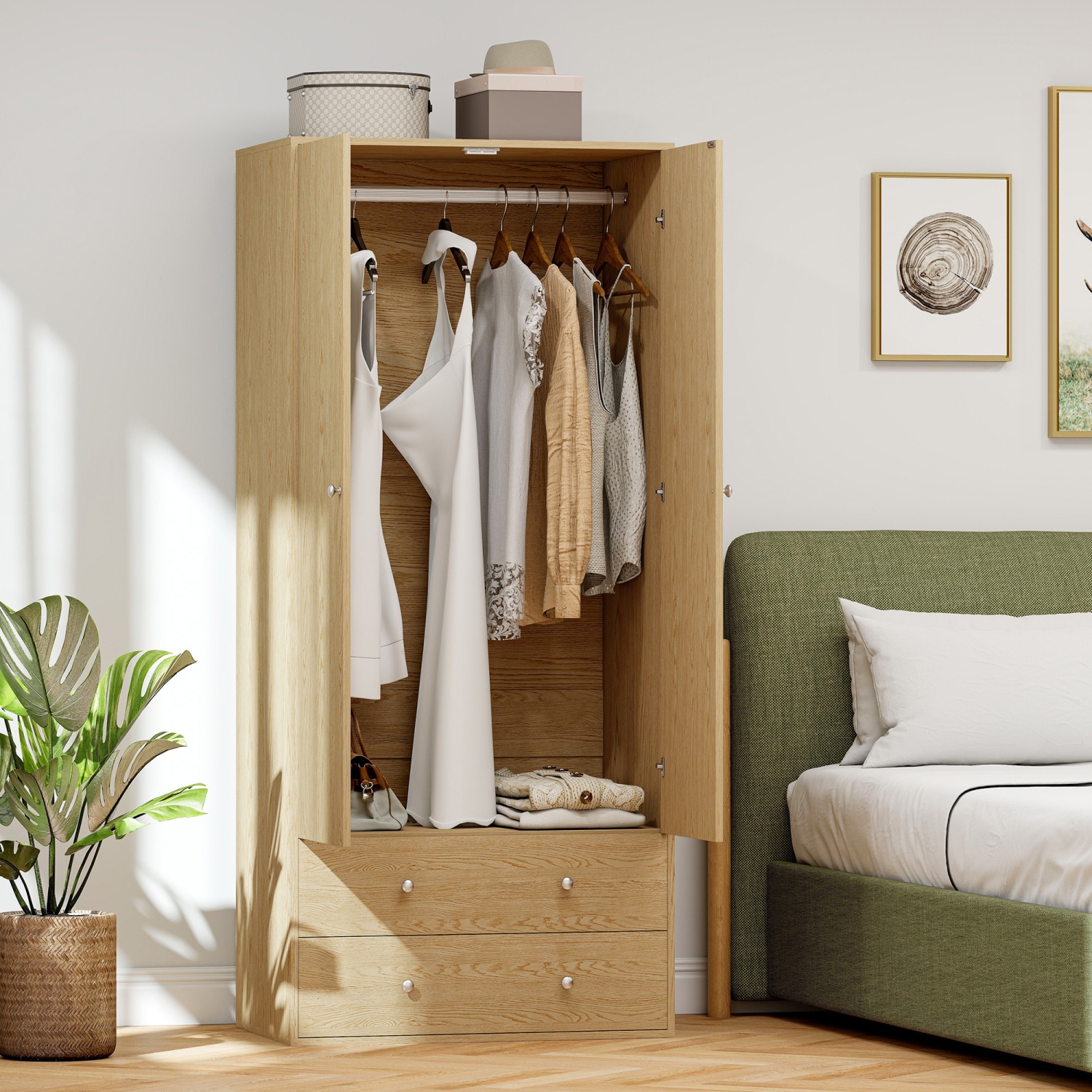 HOMCOM – Armoire garde-robe moderne à 2 tiroirs et tringle à suspendre, range-tout de rangement pour vêtements avec conception anti-basculement pour