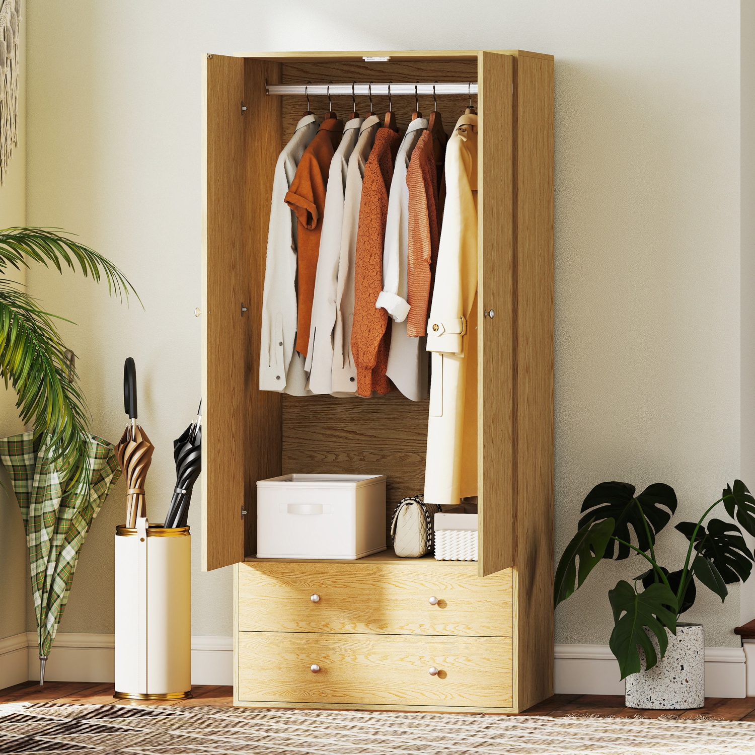 HOMCOM – Armoire garde-robe moderne à 2 tiroirs et tringle à suspendre, range-tout de rangement pour vêtements avec conception anti-basculement pour