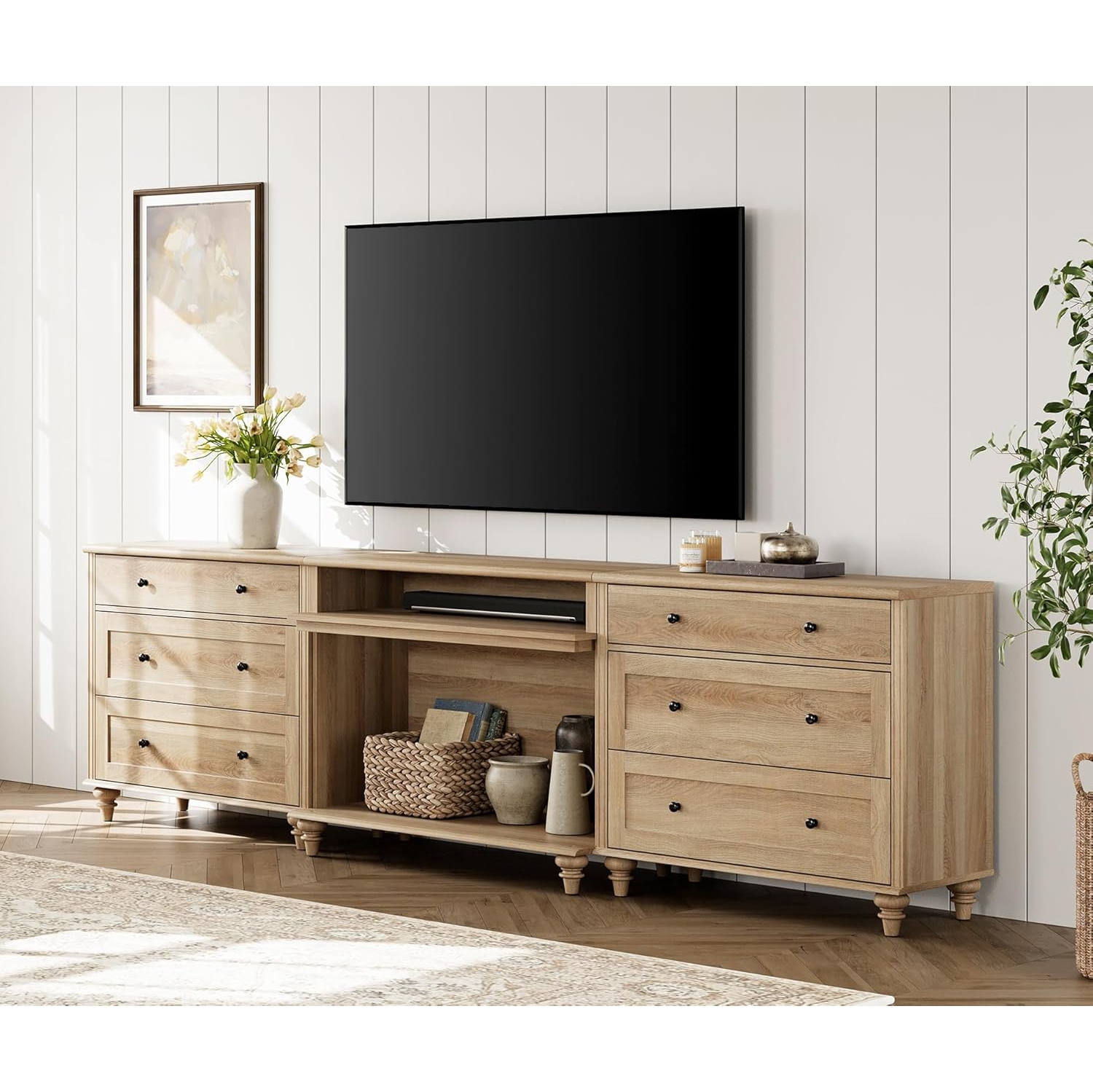 Meuble pour téléviseur WAMPAT jusqu'à 100&nbsp;po, centre de divertissement maison avec 6 tiroirs pour téléviseur 75/80/85/90 po, grande console pour