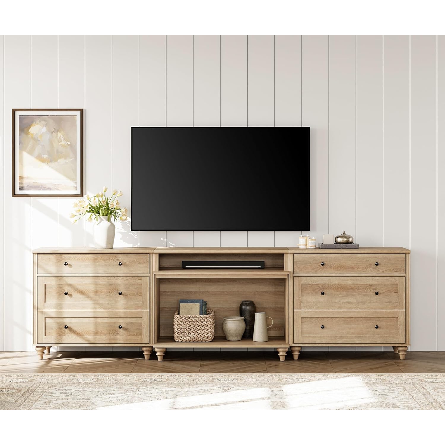 Meuble pour téléviseur WAMPAT jusqu'à 100 po, centre de divertissement maison avec 6 tiroirs pour téléviseur 75/80/85/90 po, grande console pour