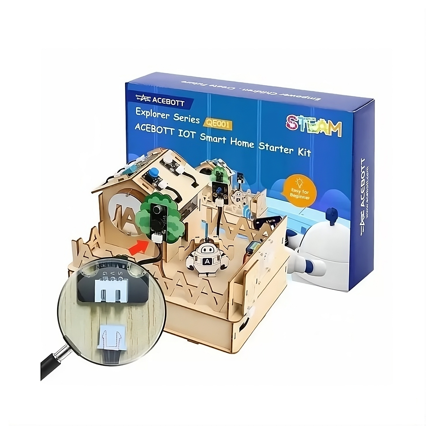 ACEBOTT QE001 ESP32 Smart Home IoT Starter Kit - Arduino/ACECode Coding - DIY Wooden House Sensor Set - Electronics Home Automation & STEM Projects