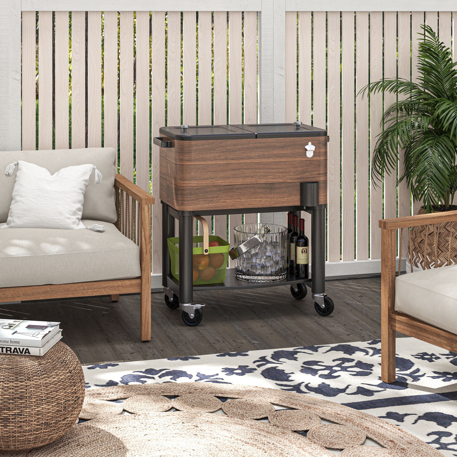 Outsunny Patio Cooler Cart, 60qt Portable Outdoor Cooler with Locking Wheels, Storage Shelf, Steel Bottle Opener, Drain Plug, Rolling Ice Chest for