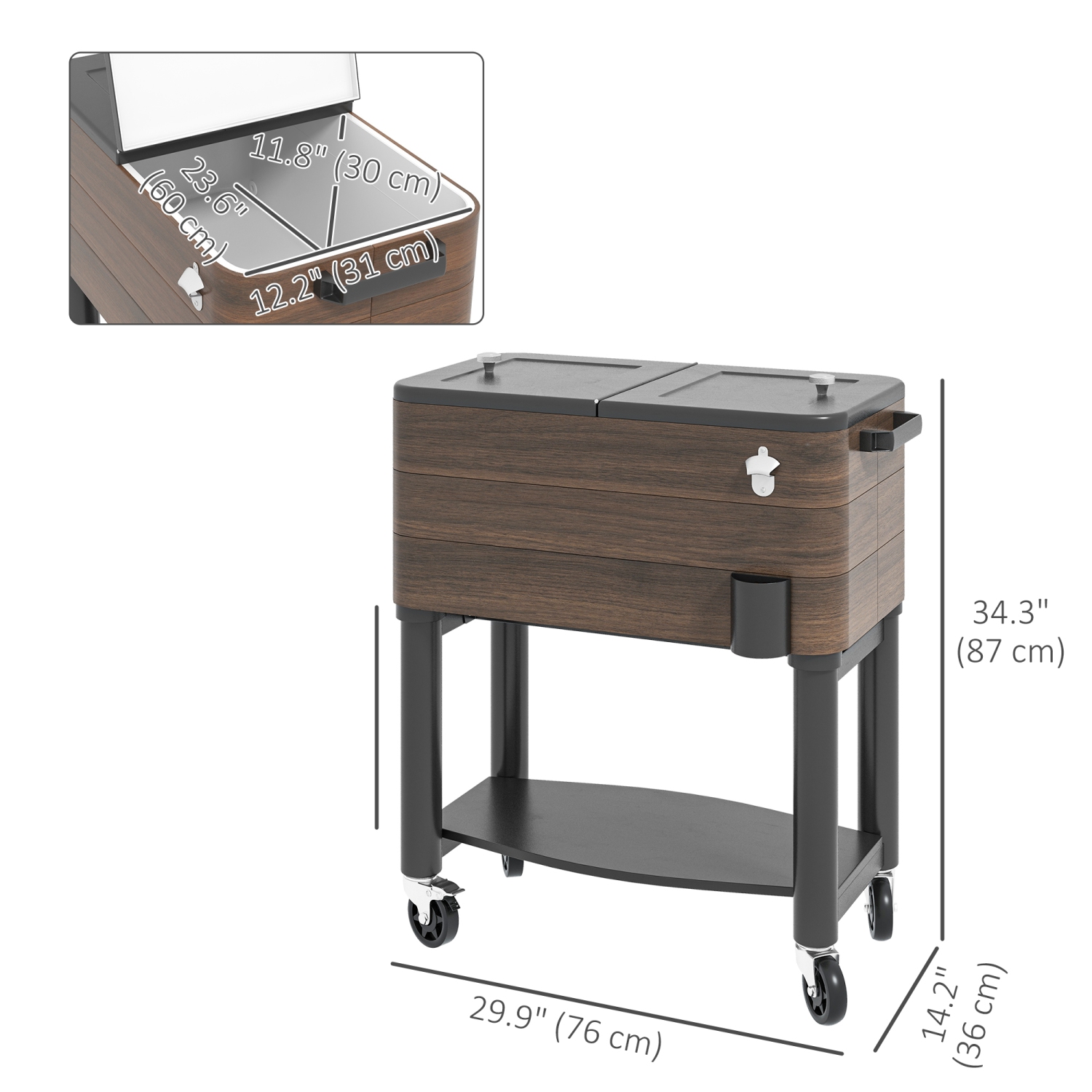Outsunny Patio Cooler Cart, 60qt Portable Outdoor Cooler with Locking Wheels, Storage Shelf, Steel Bottle Opener, Drain Plug, Rolling Ice Chest for