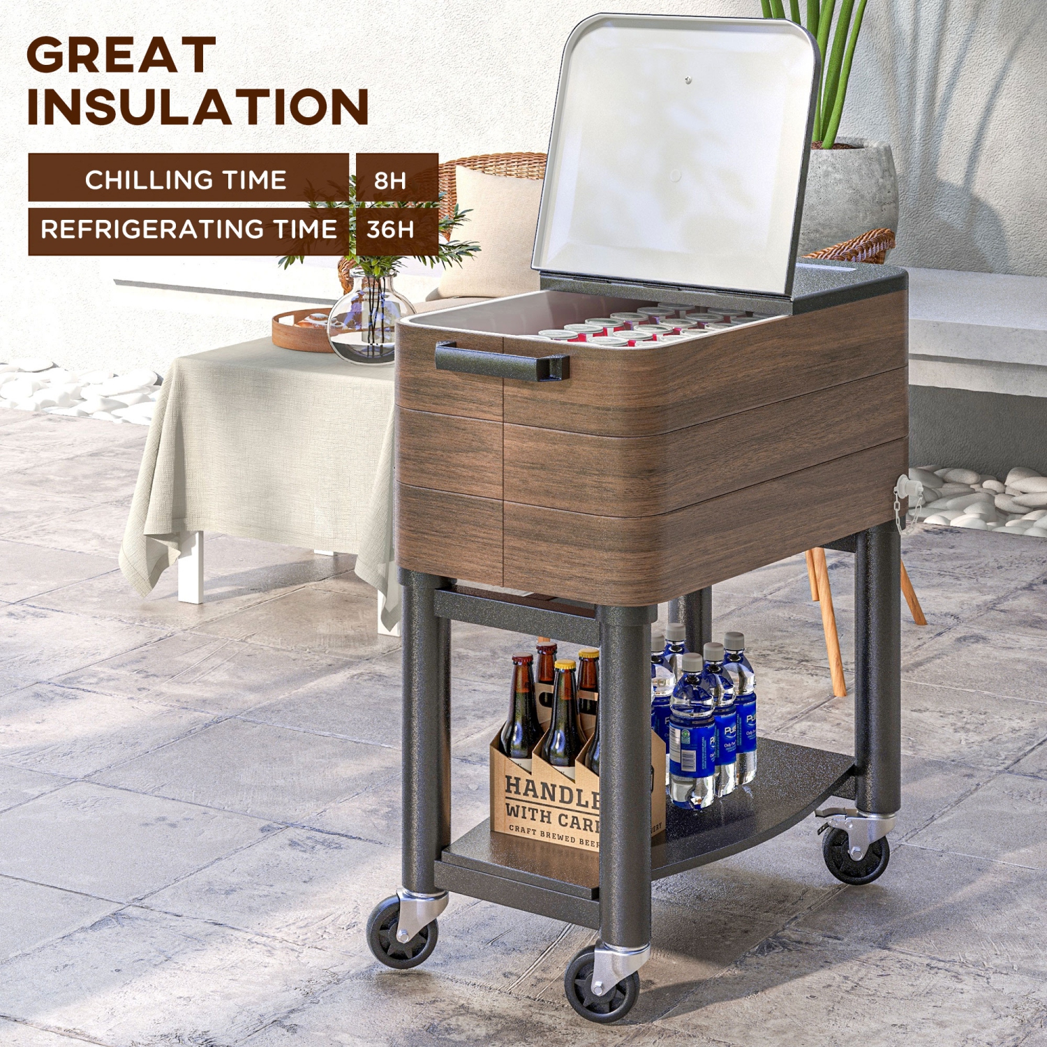 Outsunny Patio Cooler Cart, 60qt Portable Outdoor Cooler with Locking Wheels, Storage Shelf, Steel Bottle Opener, Drain Plug, Rolling Ice Chest for