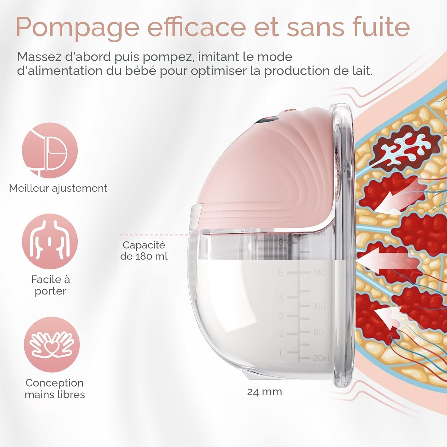 Tire-lait électrique mains libres, double joint 24&nbsp;mm, 3&nbsp;mois et 12 niveaux, écran intelligent, faible bruit Capacité 120&nbsp;ml