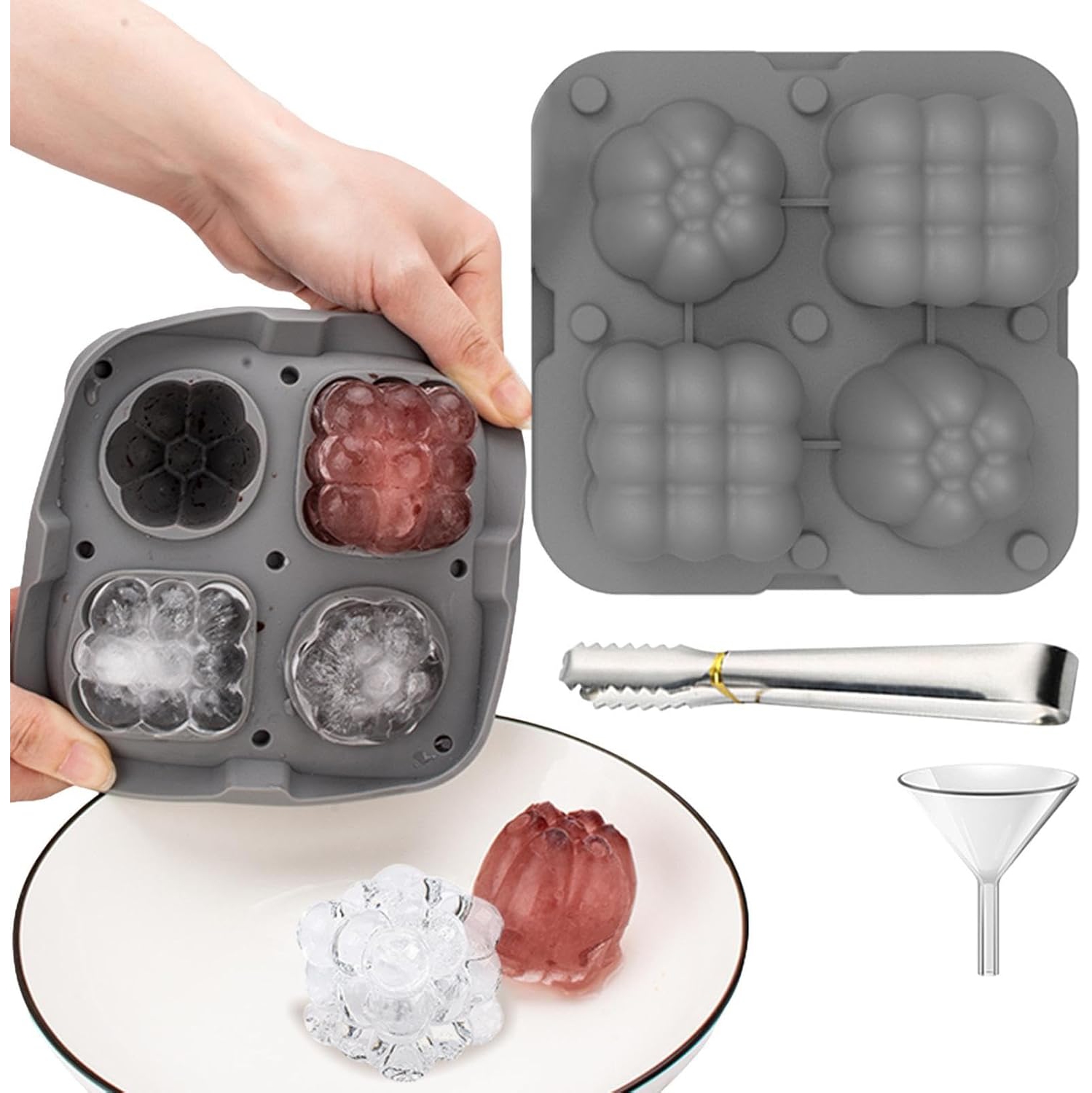 Food Grade Silicone Ice Ball Molds with Splash-Proof Lid, Ice Tongs and Funnel, Home Whiskey Cocktail Ice Maker (2 Pieces)