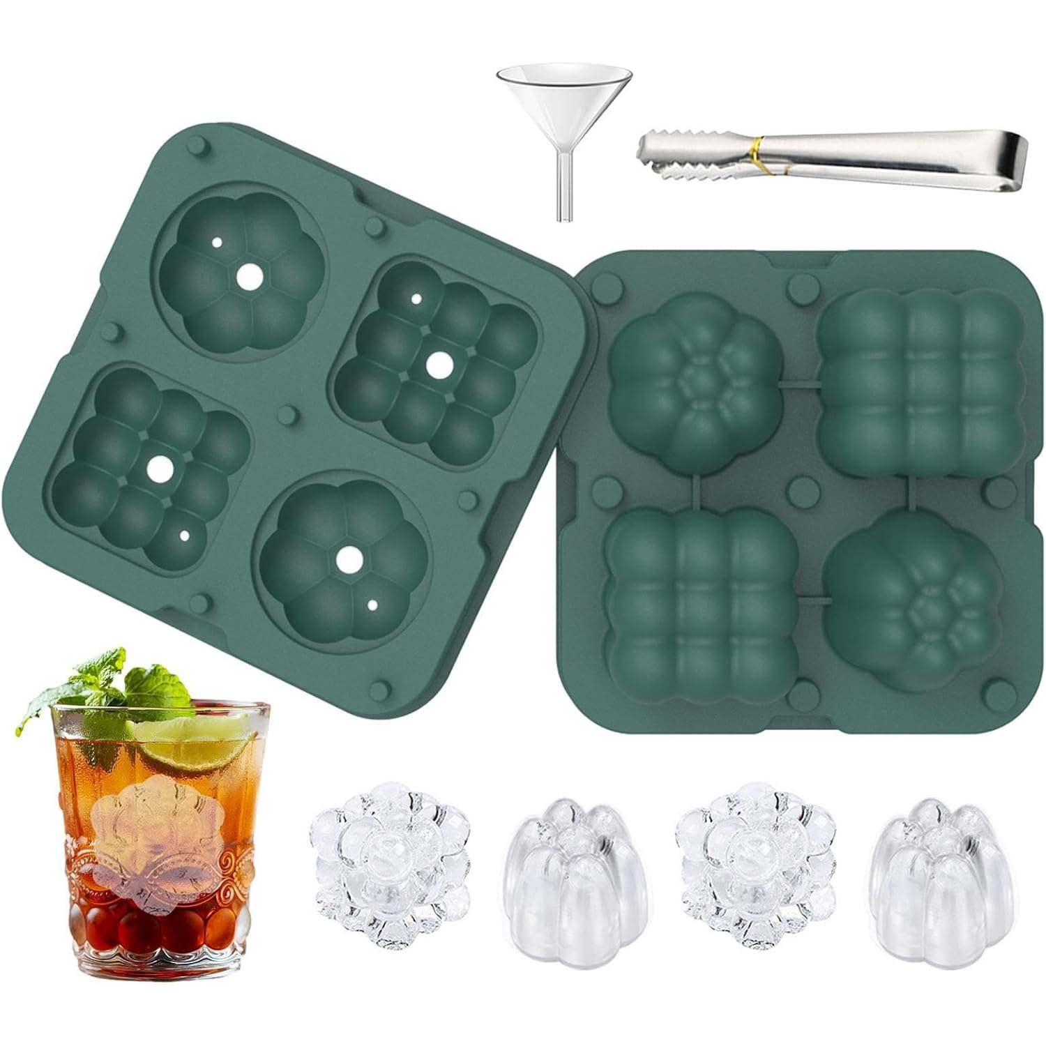 Food Grade Silicone Ice Ball Molds with Splash-Proof Lid, Ice Tongs and Funnel, Home Whiskey Cocktail Ice Maker (2 Pieces)