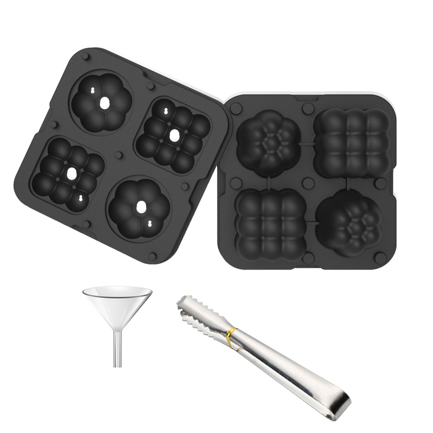 Food Grade Silicone Ice Ball Molds with Splash-Proof Lid, Ice Tongs and Funnel, Home Whiskey Cocktail Ice Maker (2 Pieces)