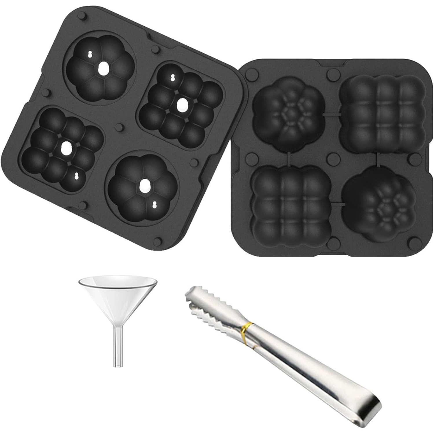 Food Grade Silicone Ice Ball Molds with Splash-Proof Lid, Ice Tongs and Funnel, Home Whiskey Cocktail Ice Maker (2 Pieces)