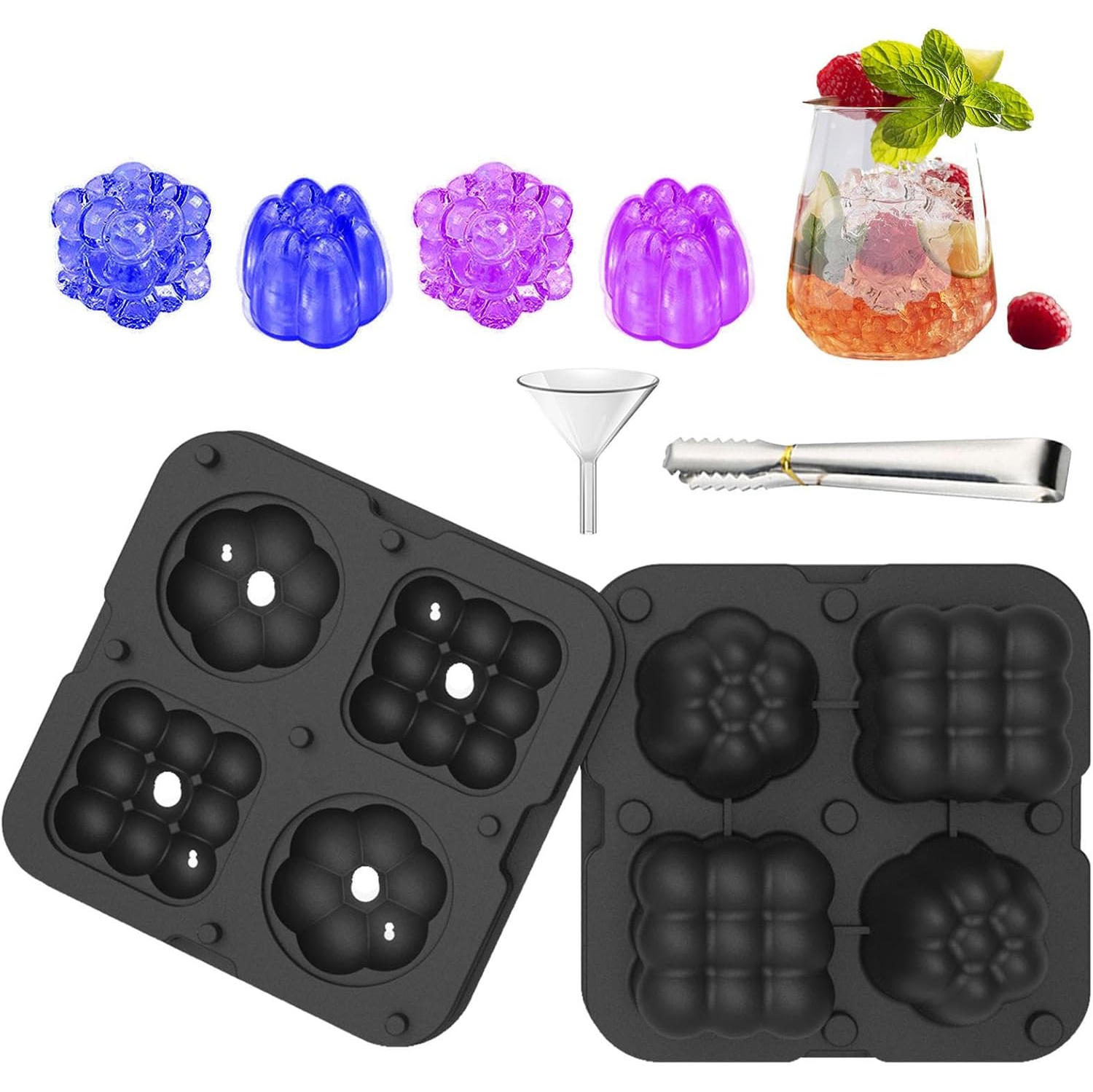 Food Grade Silicone Ice Ball Molds with Splash-Proof Lid, Ice Tongs and Funnel, Home Whiskey Cocktail Ice Maker (2 Pieces)