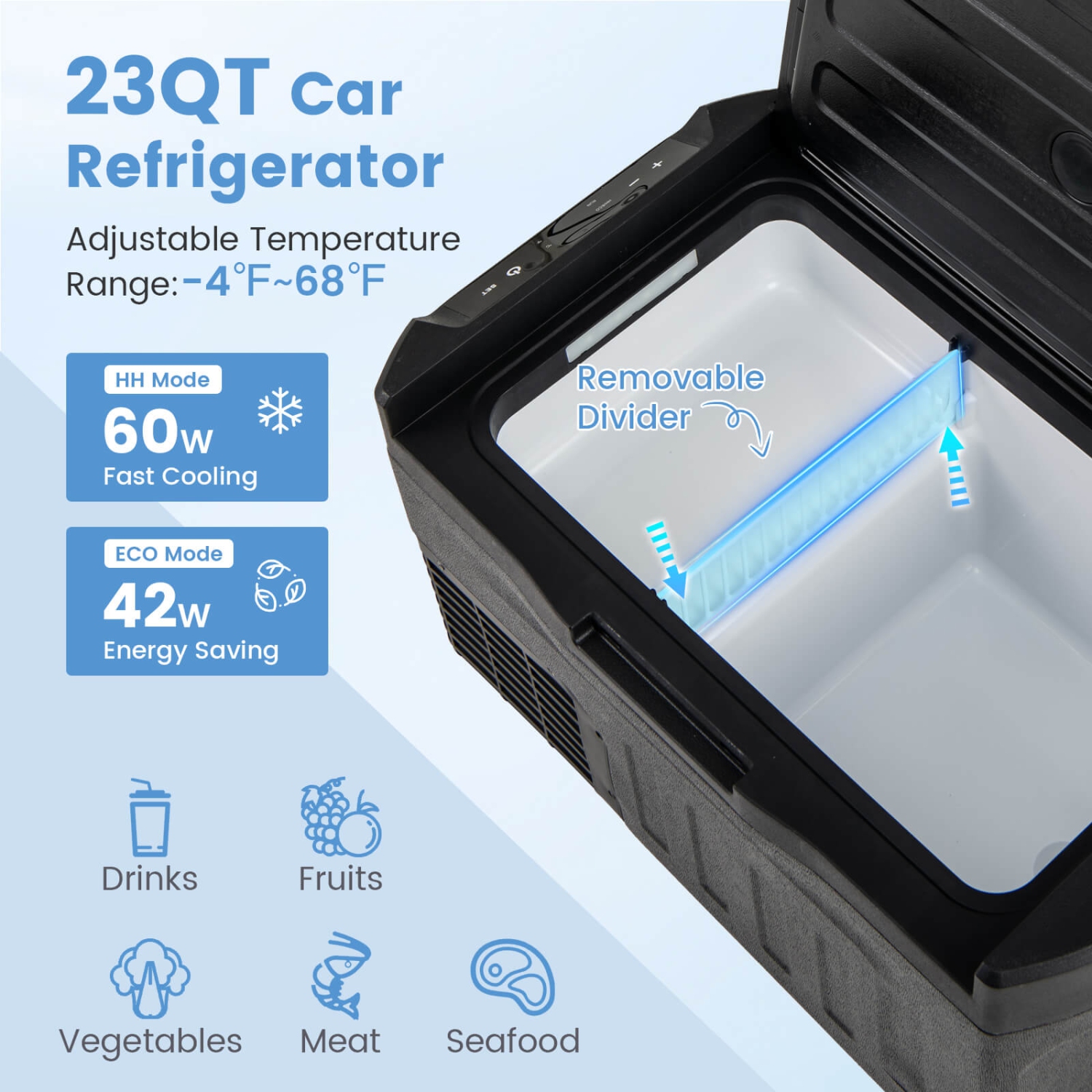 Costway 12 Volt Car Refrigerator with -4℉~68℉ Adjustable Range Divider for Camping 23/32/42 QT