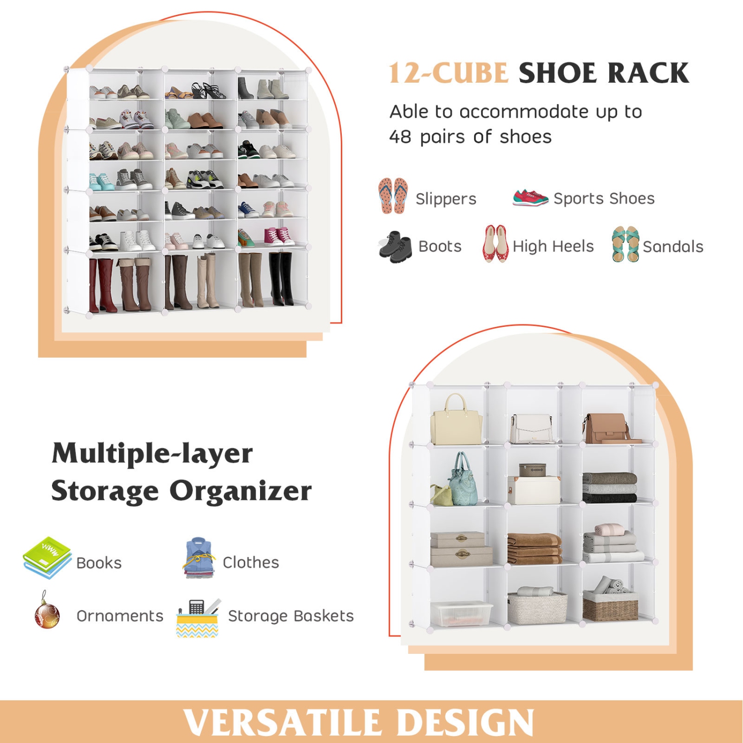 Armoire de rangement portative à 12 cubes pour chaussures avec crochet blanc/noir de Costway, 48 paires, étagère à chaussures