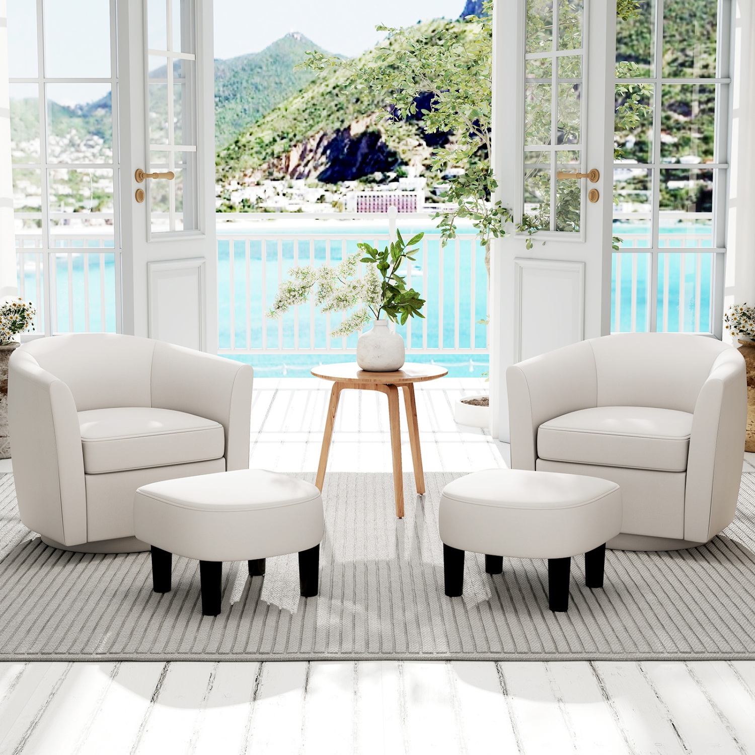 Fauteuil-baril pivotant de Costway avec repose-pieds, dossier incurvé et accoudoirs Salon Blanc crémeux/Gris/Brun