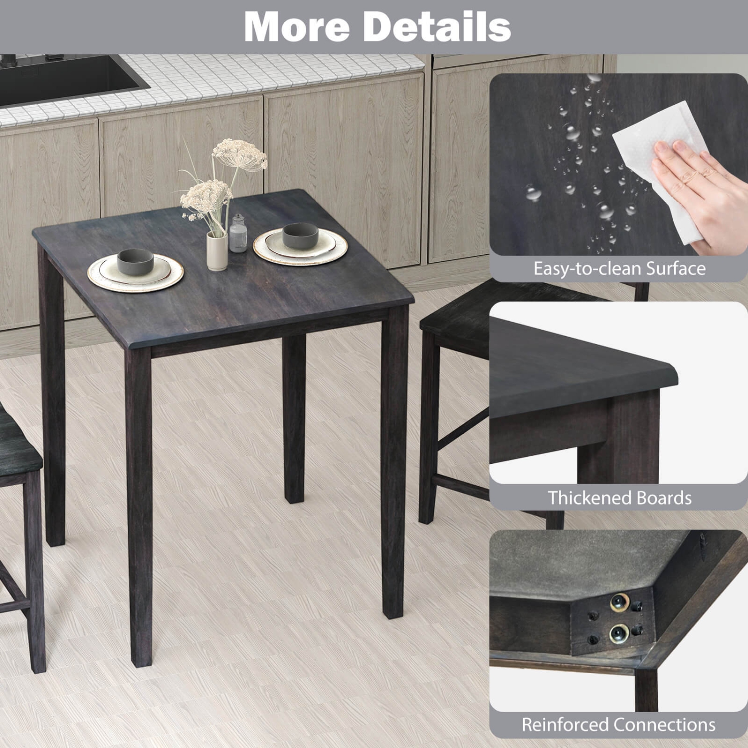 Costway Square Dining Table for 4-Person with Solid Wood Frame for Dining Room