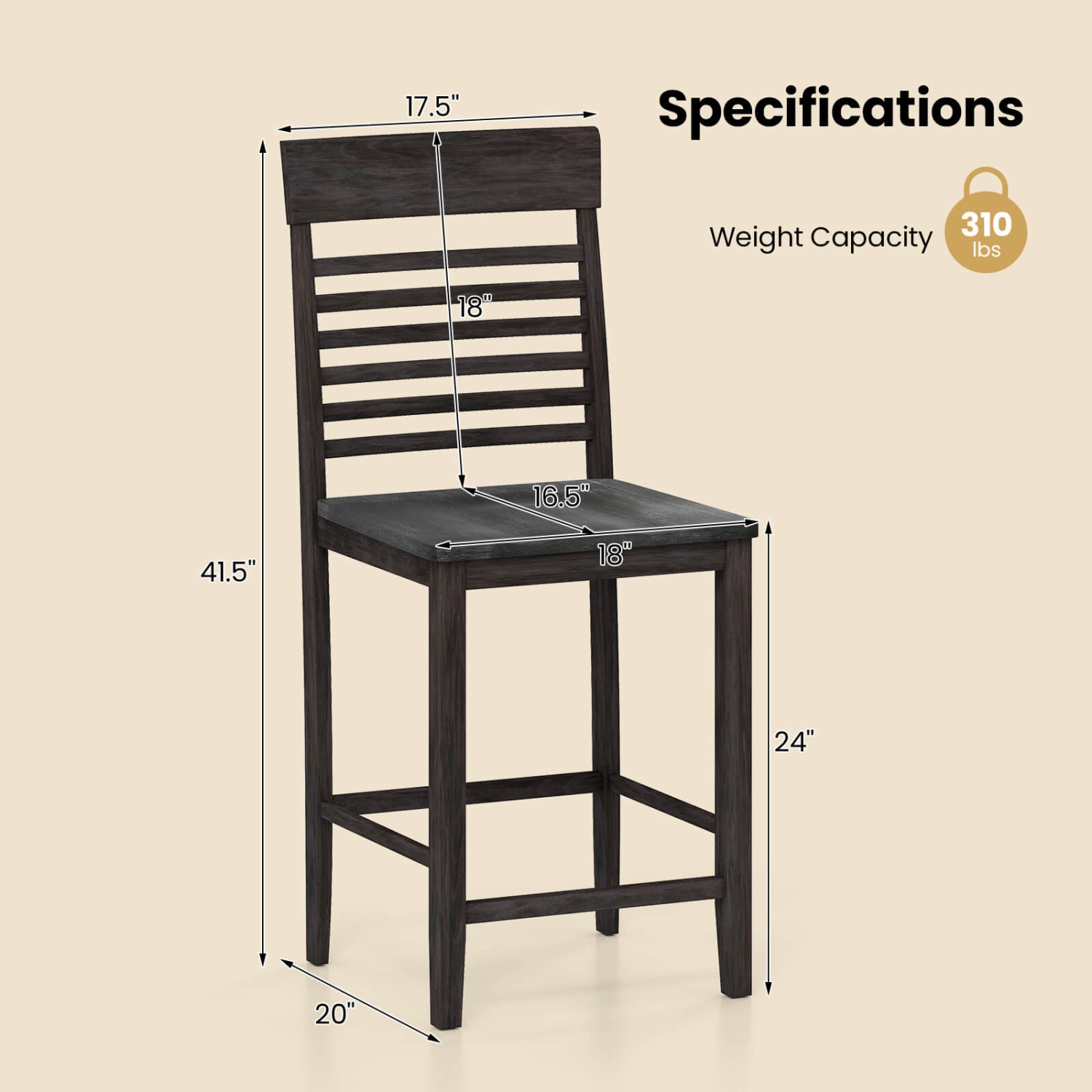 Costway Counter-Height Dining Chair Set of 2/4 with Footrests Solid Wood Frame Modern