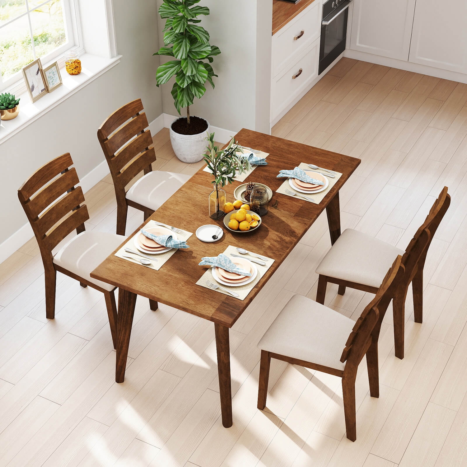 Costway Dining Chair Set of 2/4 Upholstered Kitchen Chair with Slatted High Backrest