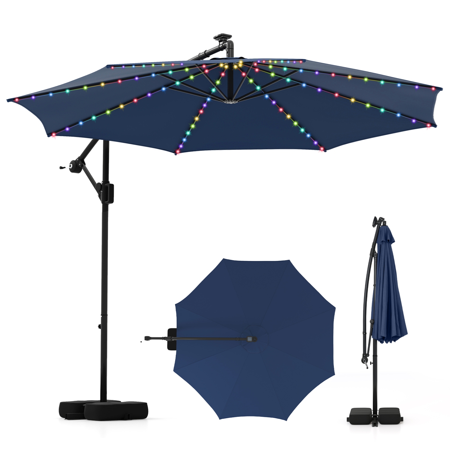 Costway 10 FT Solar Offset Hanging Umbrella with 96 Solar Multi-colored Flowing LED Lights Beige/Coffee/Gray/Navy/Red/Turquoise