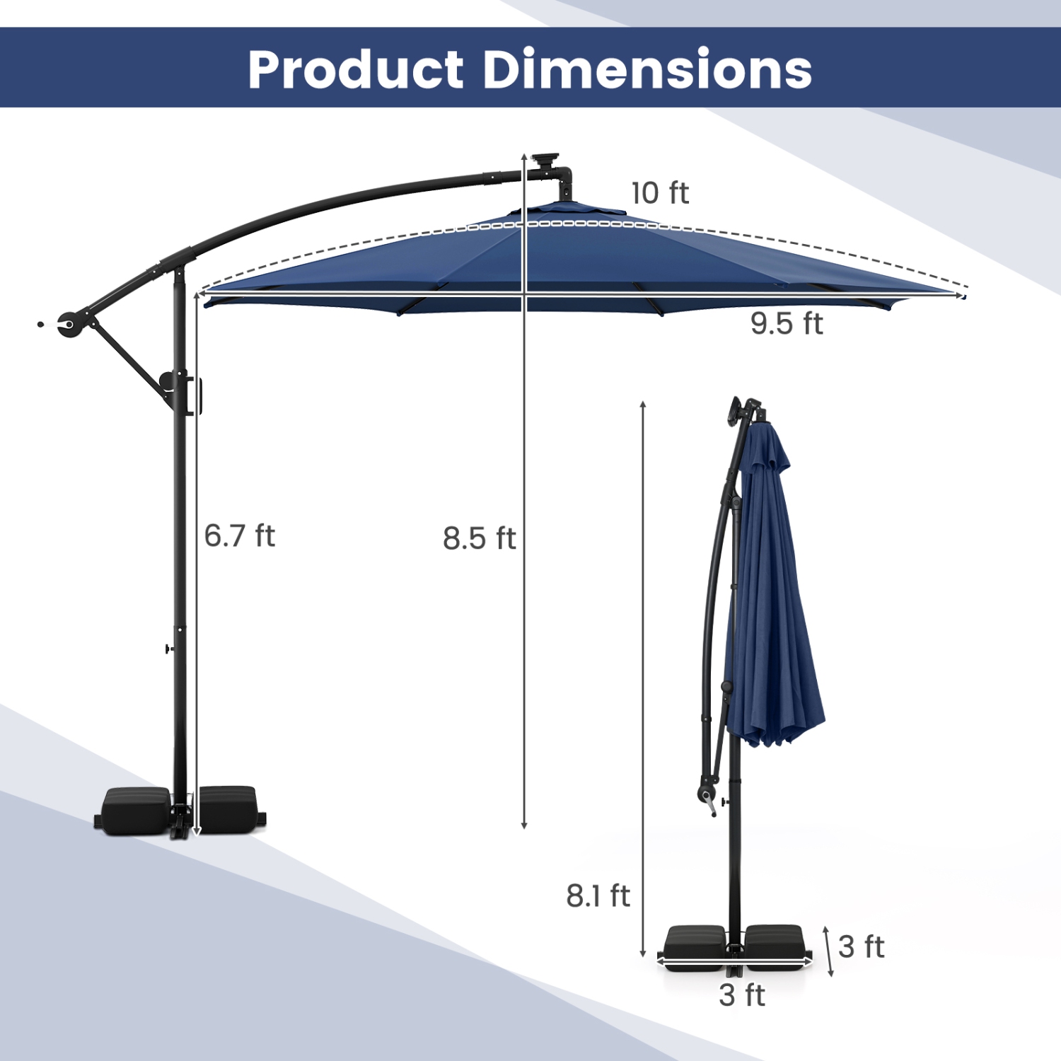 Costway 10 FT Solar Offset Hanging Umbrella with 96 Solar Multi-colored Flowing LED Lights Beige/Coffee/Gray/Navy/Red/Turquoise
