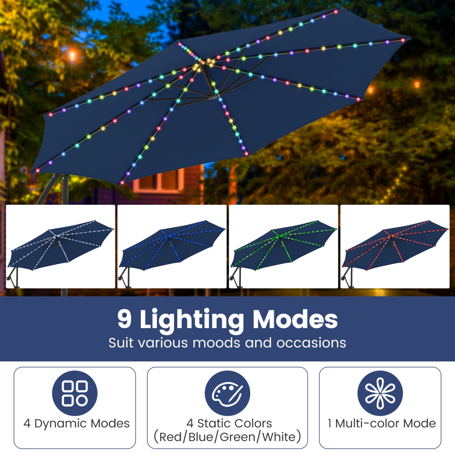 Costway 10 FT Solar Offset Hanging Umbrella with 96 Solar Multi-colored Flowing LED Lights Beige/Coffee/Gray/Navy/Red/Turquoise