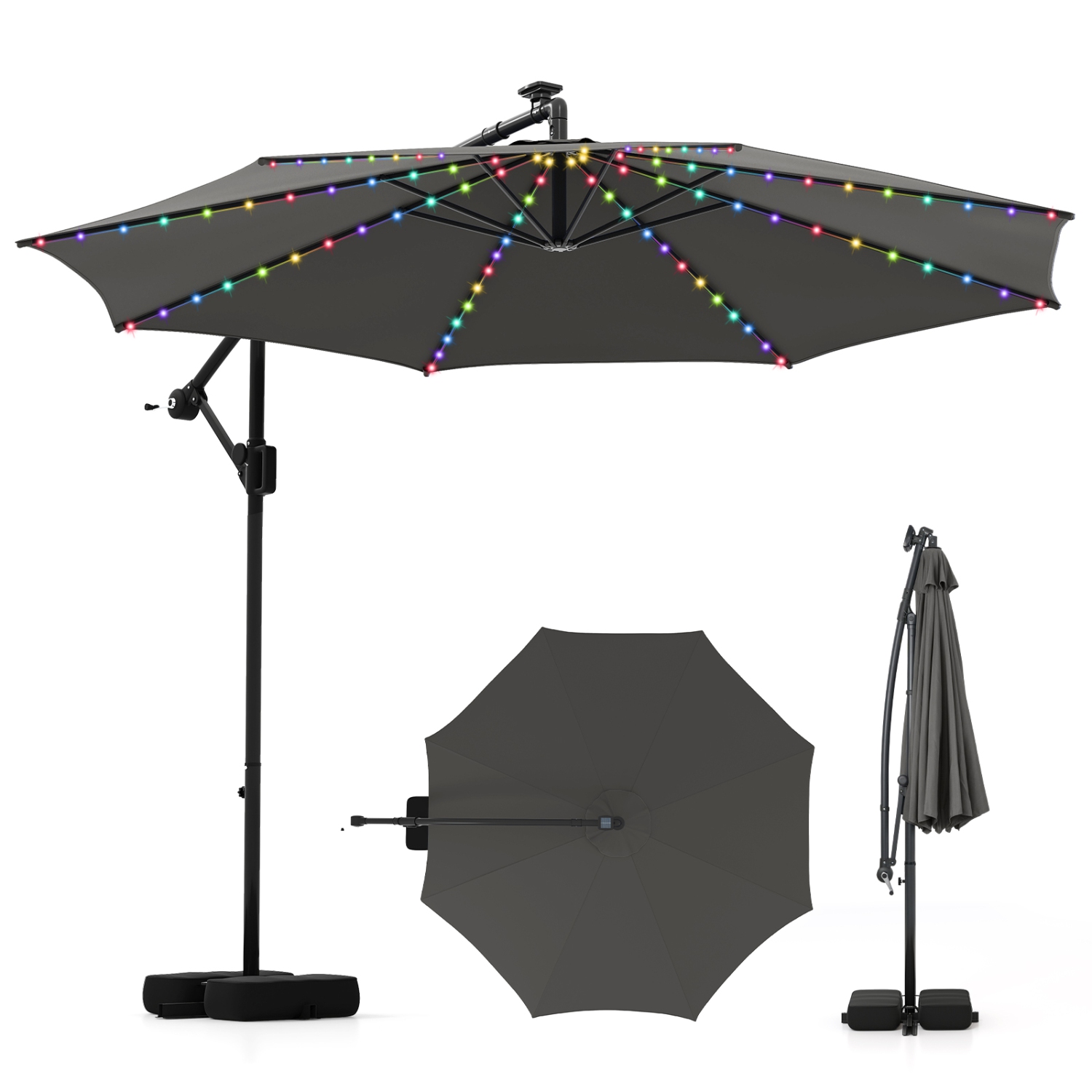 Costway 10 FT Solar Offset Hanging Umbrella with 96 Solar Multi-colored Flowing LED Lights Beige/Coffee/Gray/Navy/Red/Turquoise