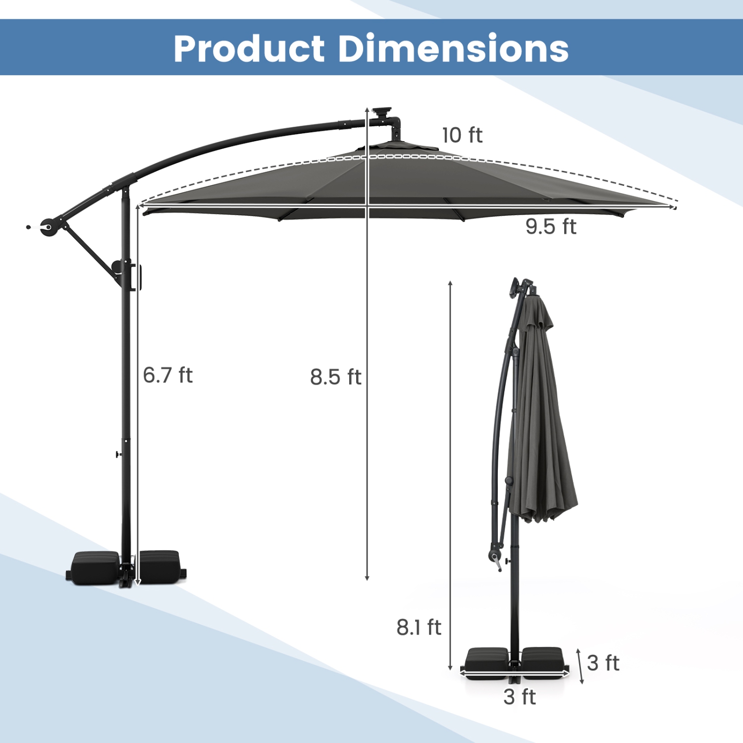 Costway 10 FT Solar Offset Hanging Umbrella with 96 Solar Multi-colored Flowing LED Lights Beige/Coffee/Gray/Navy/Red/Turquoise