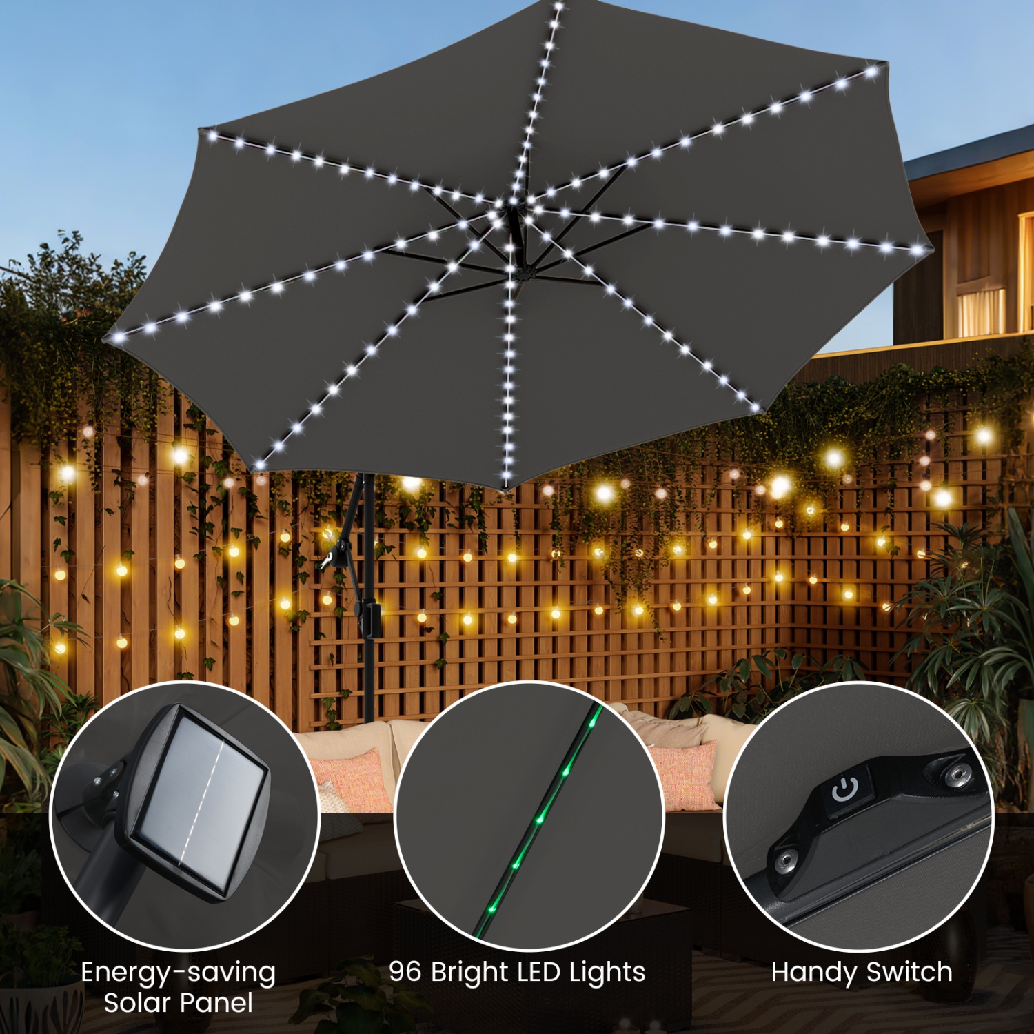 Costway 10 FT Solar Offset Hanging Umbrella with 96 Solar Multi-colored Flowing LED Lights Beige/Coffee/Gray/Navy/Red/Turquoise