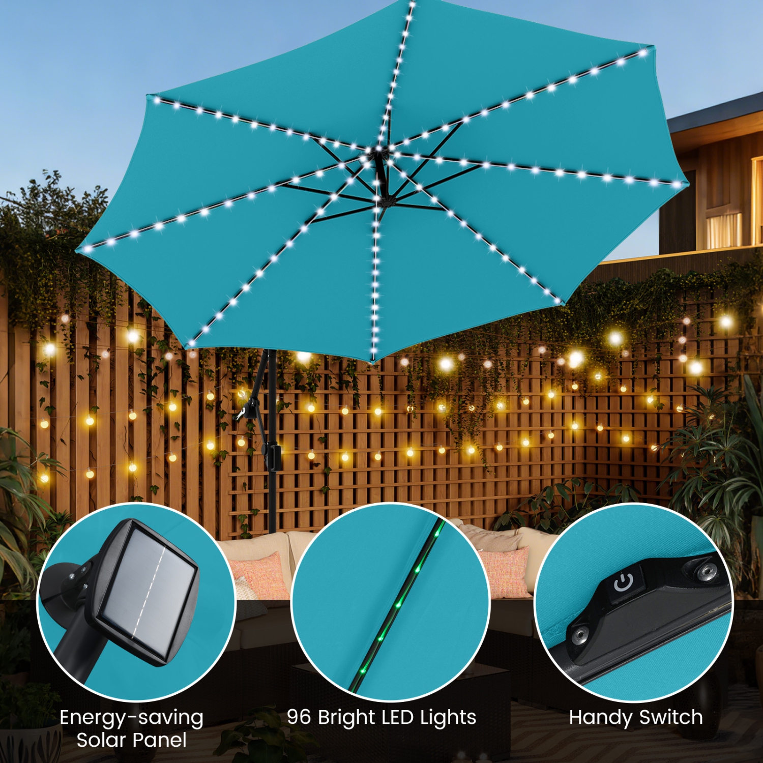 Parasol suspendu solaire décalé 10 pi de Costway avec 96 LED lumières solaires flottantes multicolores beige/café/gris/marine/rouge/turquoise